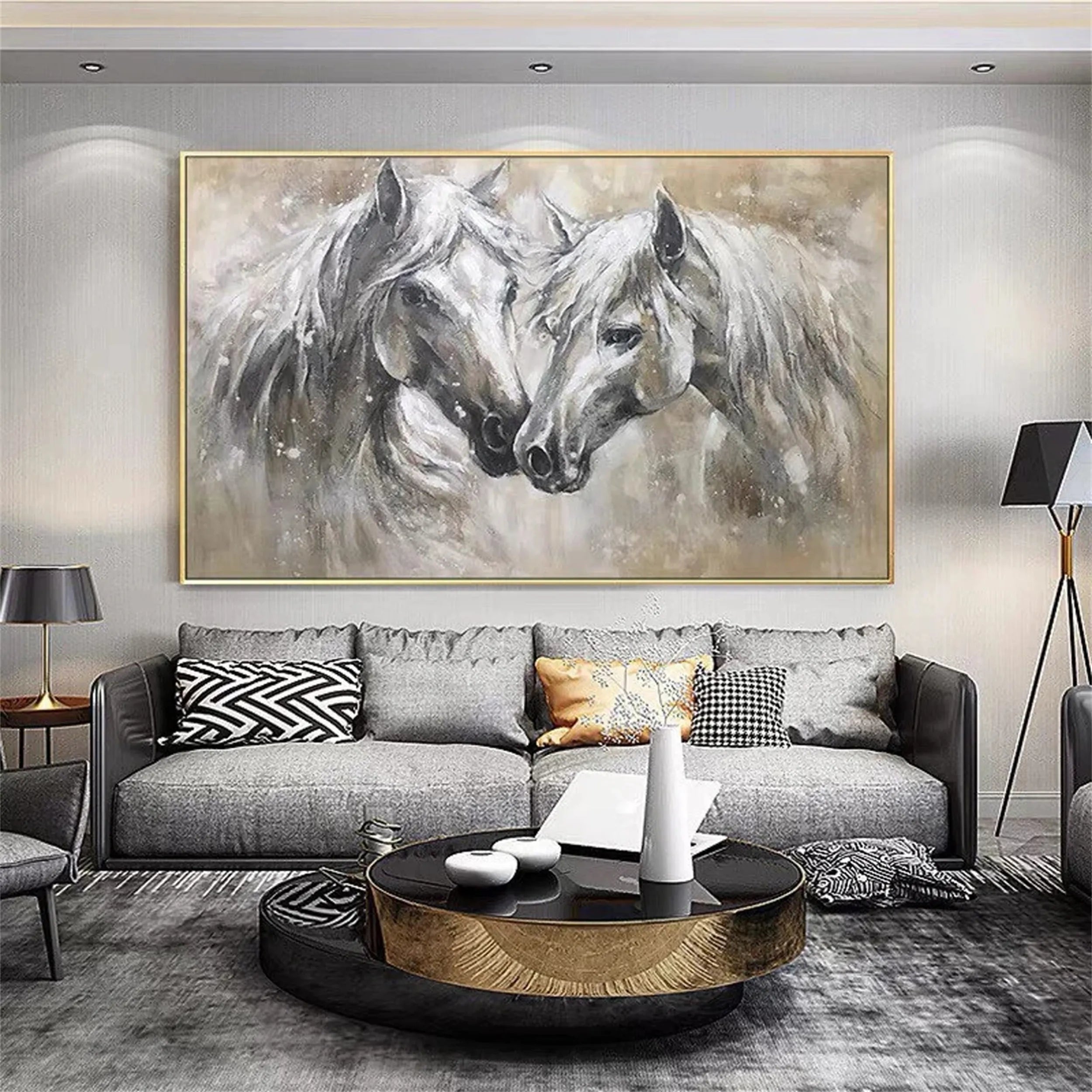 Two Horses Wall Art Abstract Oil Painting - Modern Animal Art #JJ 090