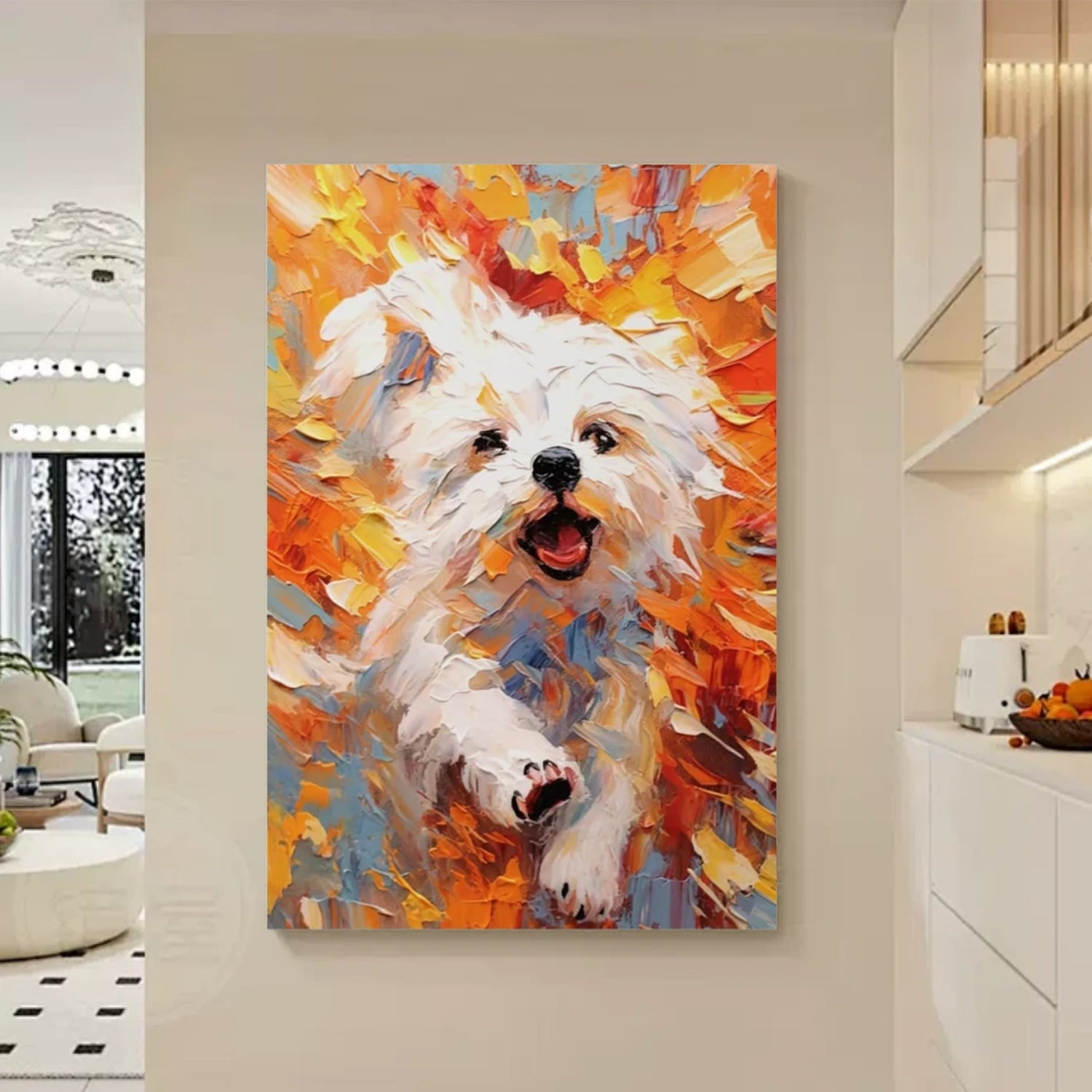 Vibrant Animal Painting | Large Textured White Dog Running Canvas Wall Art #ZZ 167