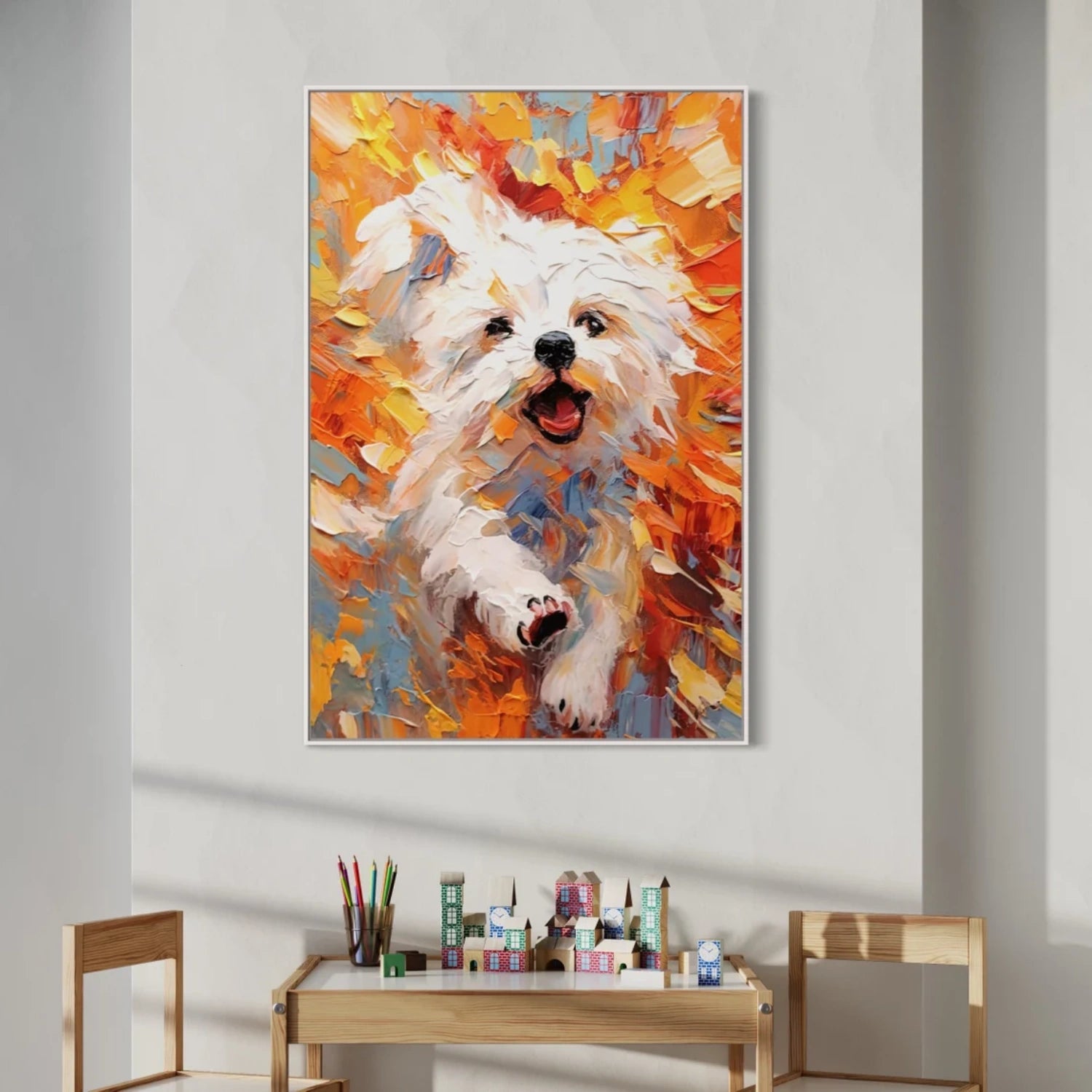 Vibrant Animal Painting | Large Textured White Dog Running Canvas Wall Art #ZZ 167