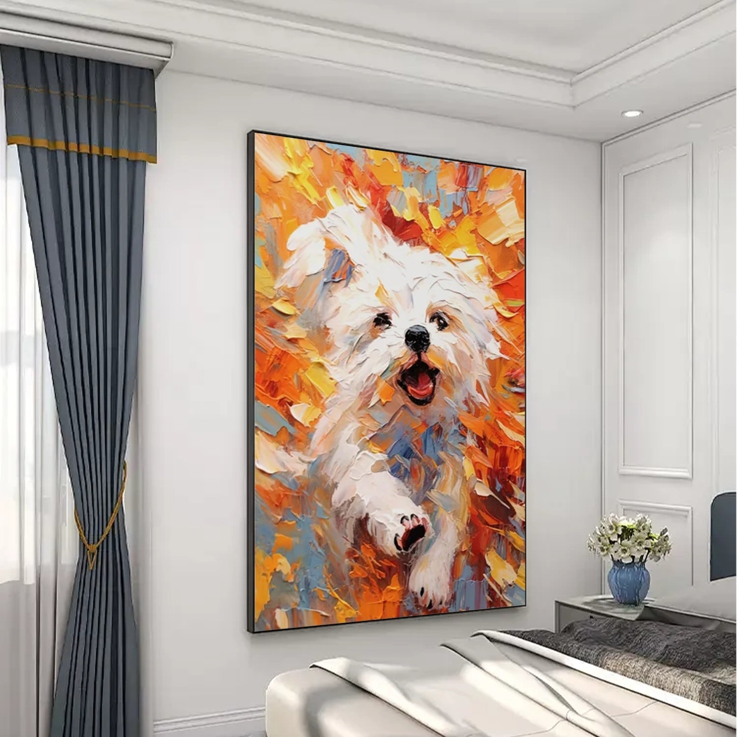 Vibrant Animal Painting | Large Textured White Dog Running Canvas Wall Art #ZZ 167