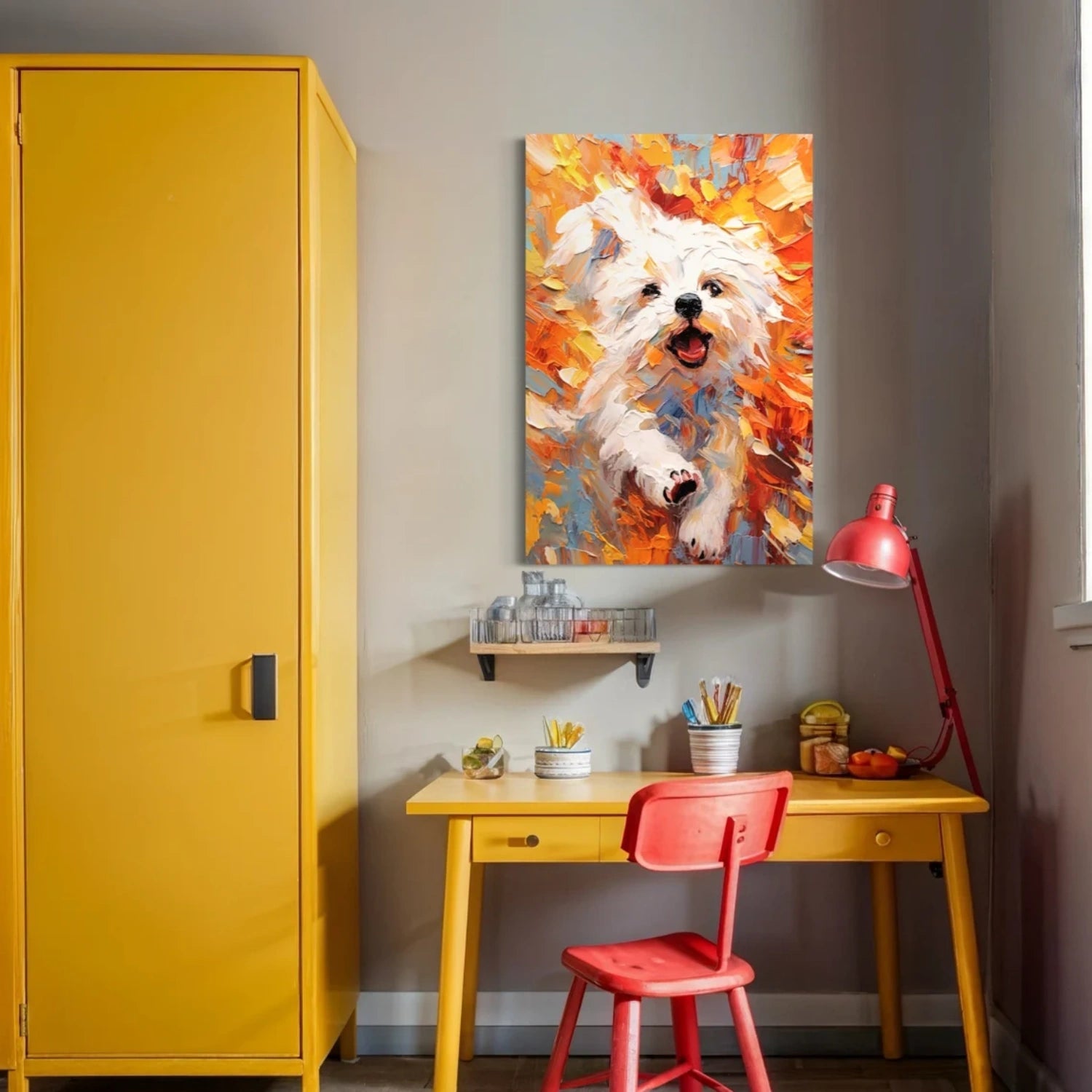 Vibrant Animal Painting | Large Textured White Dog Running Canvas Wall Art #ZZ 167
