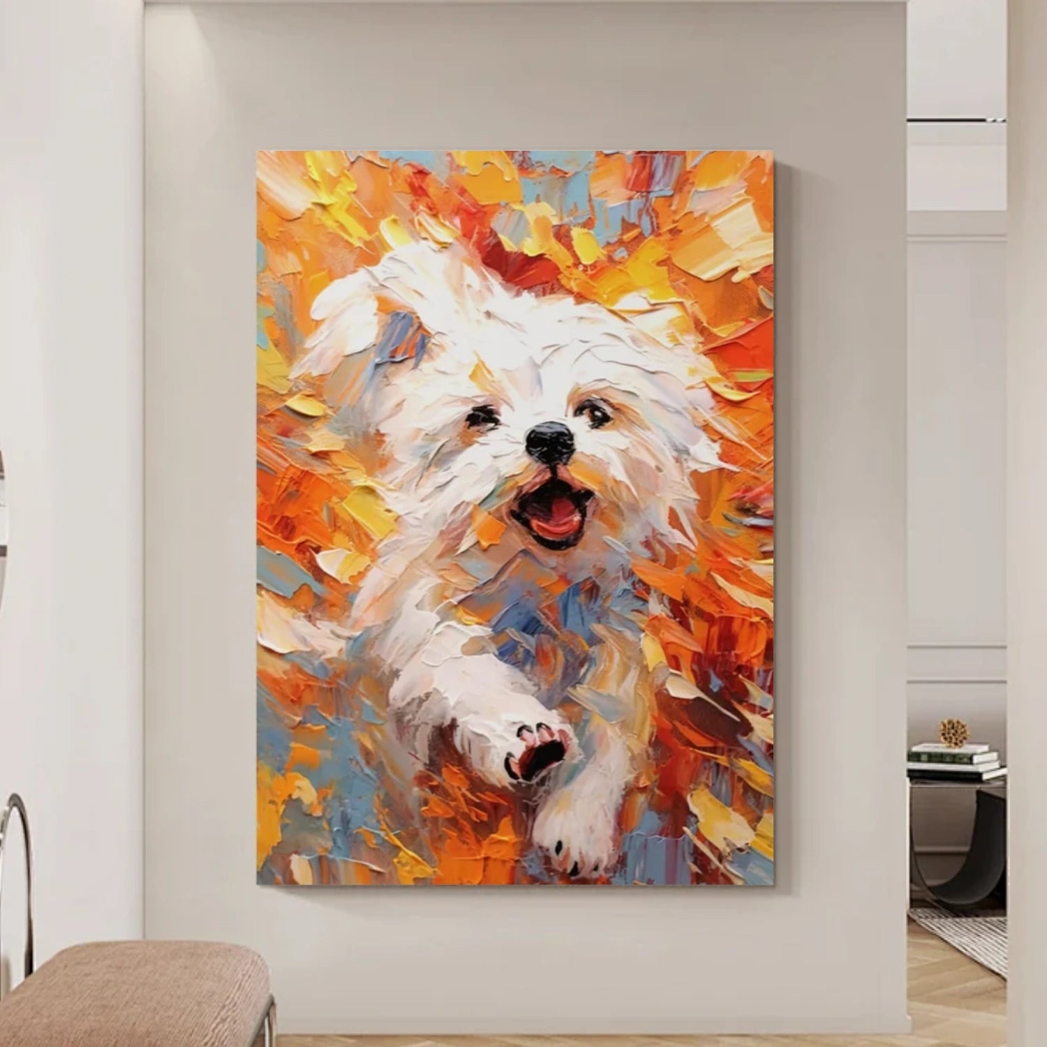 Vibrant Animal Painting | Large Textured White Dog Running Canvas Wall Art #ZZ 167