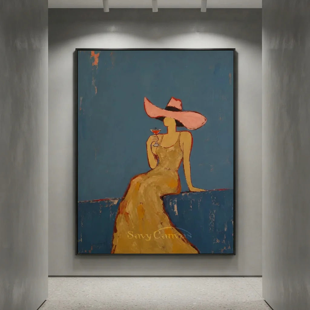 Handcrafted abstract cocktail lady oil painting with rich blue textures hanging in a modern living room or bar