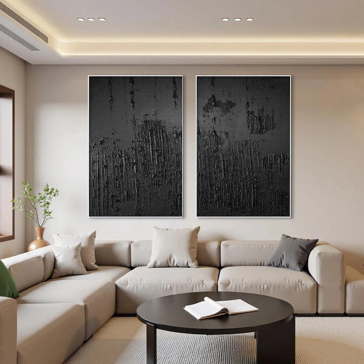 Minimalist Black Textured Canvas Set of 2 | Modern Dark Wall Art #AA 444