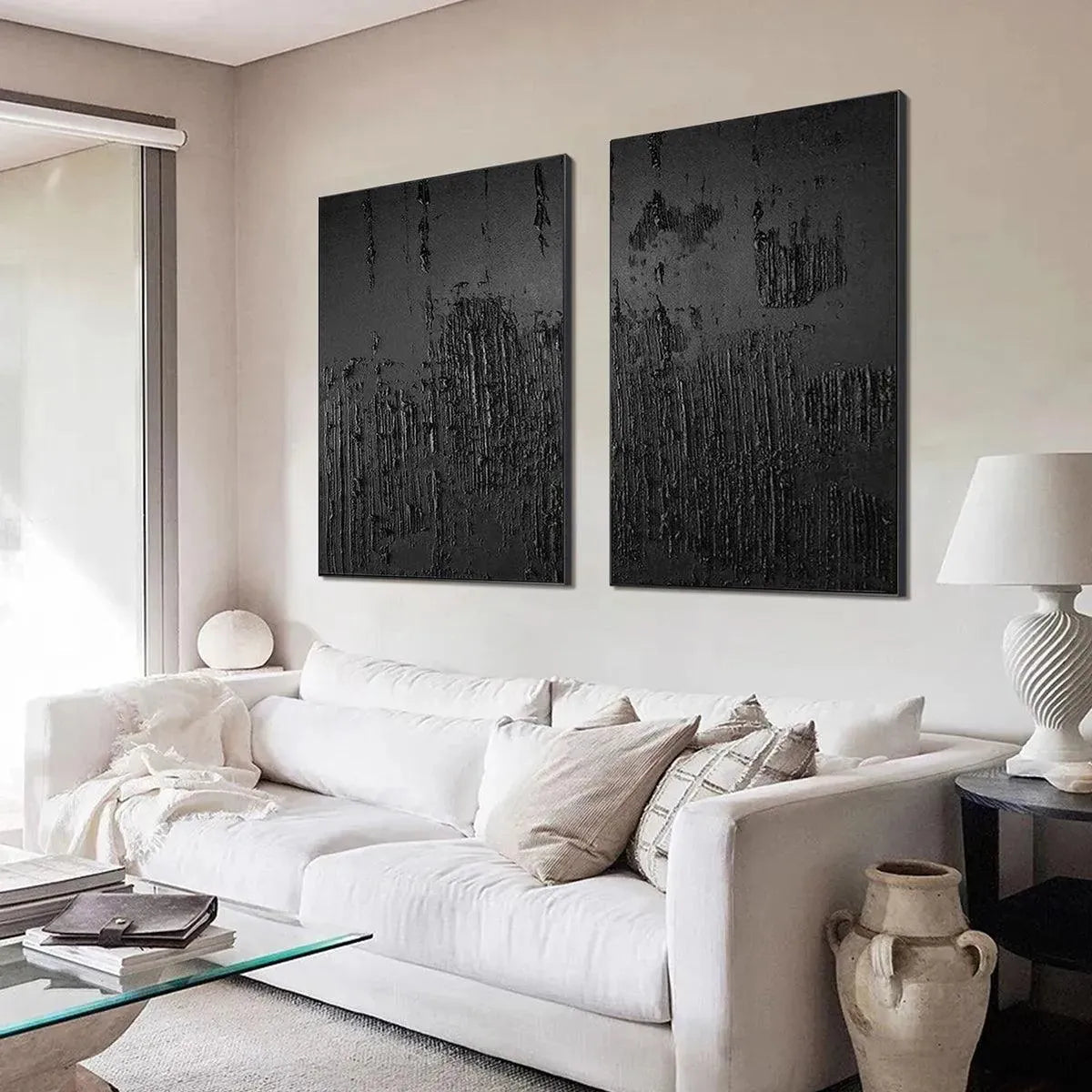 Minimalist Black Textured Canvas Set of 2 | Modern Dark Wall Art #AA 444