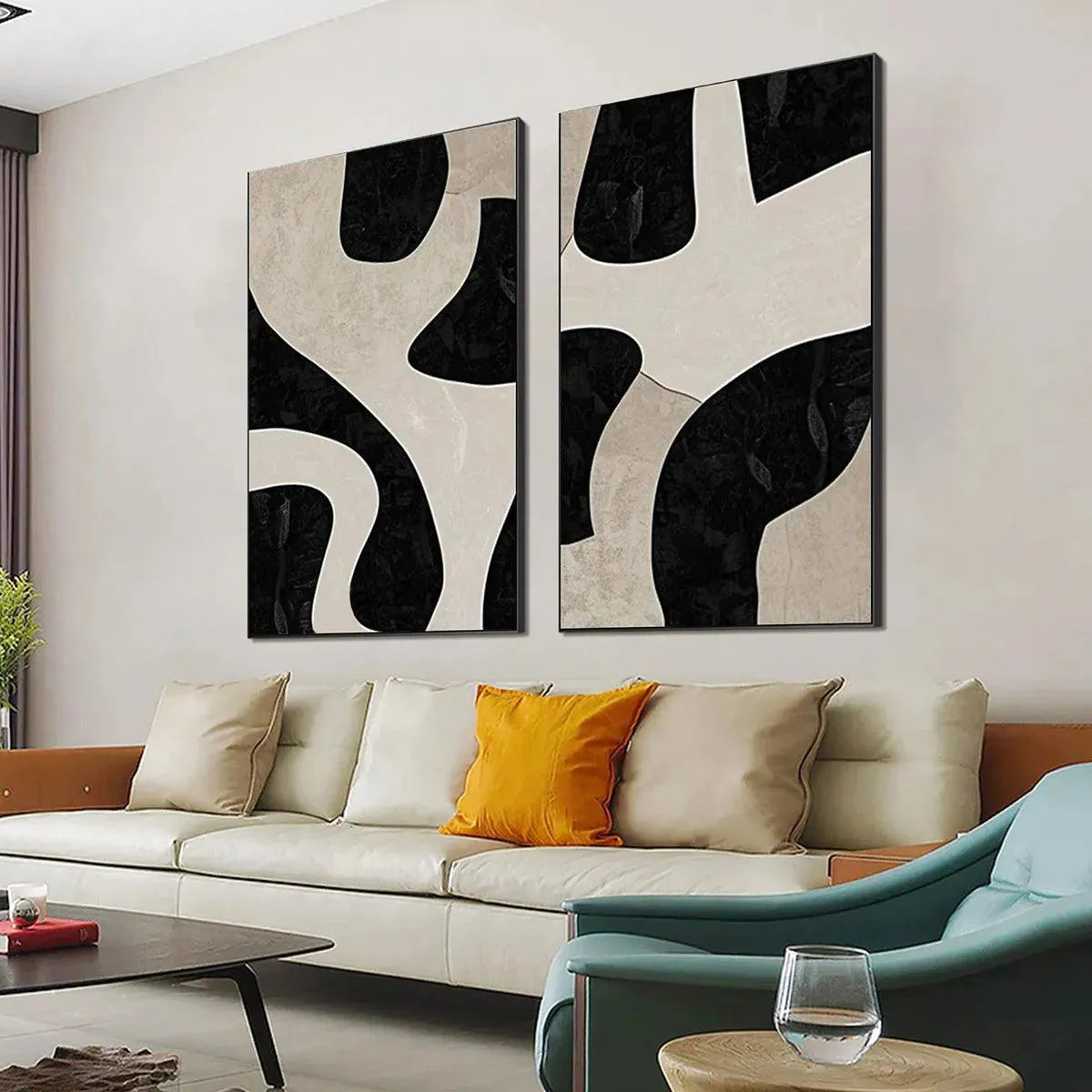 Black and Beige Abstract Wall Art Set of 2 #ZZ 234