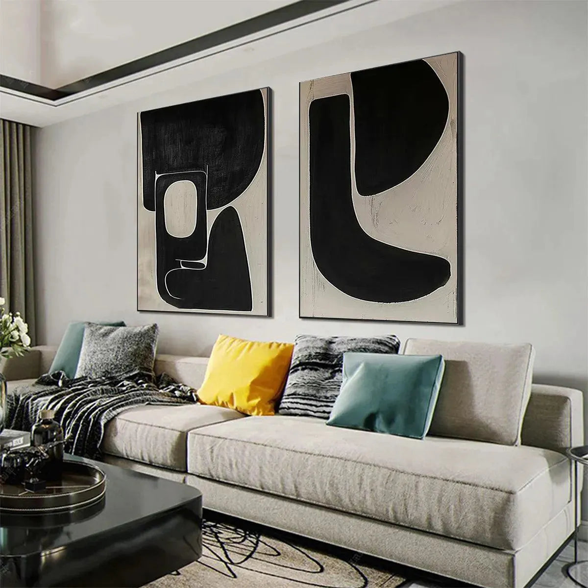 Mid-Century Modern Inspired Art | Large Black & Beige Art #AA 189