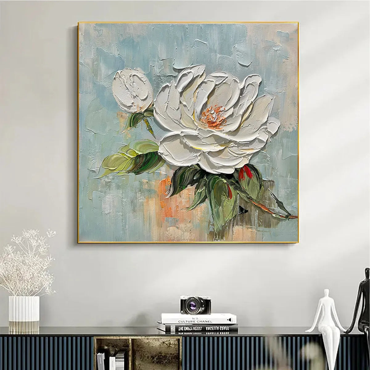 Textured 3D White Peony Painting | Impasto Floral Wall Art #AA 197