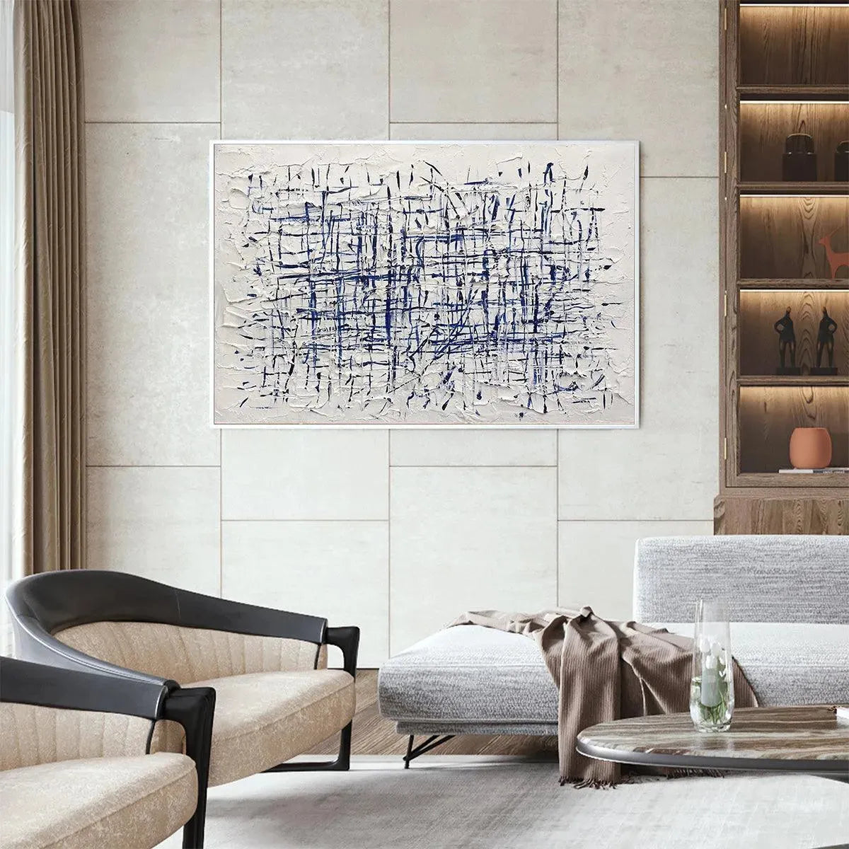 Abstract Linear Grid Painting | Blue & White Textured Art #AA 205