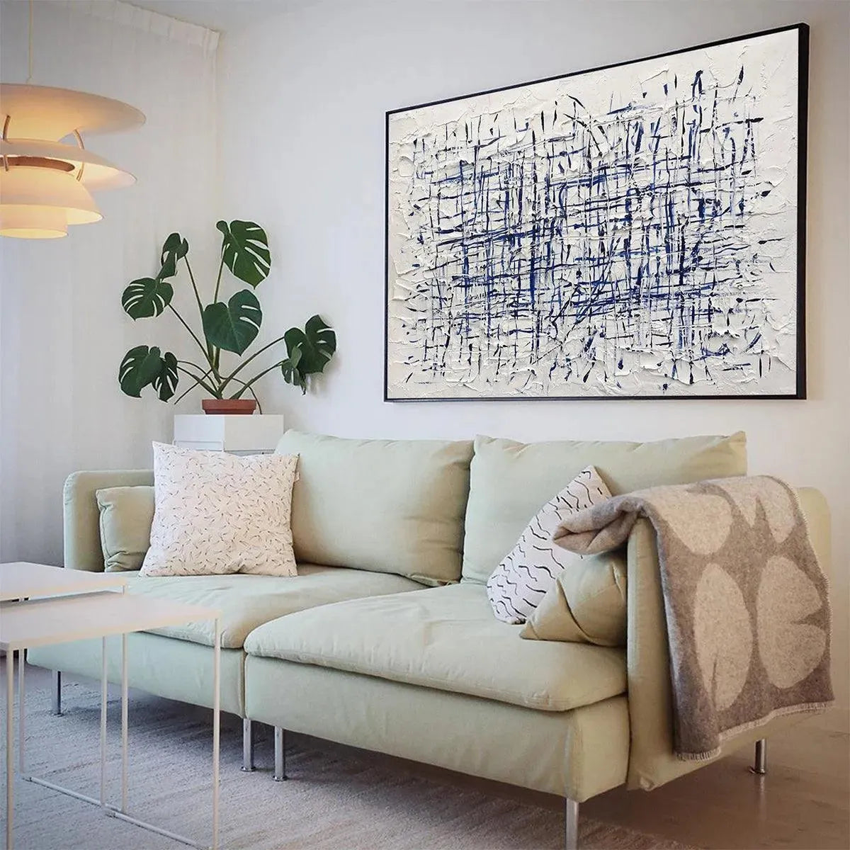 Abstract Linear Grid Painting | Blue & White Textured Art #AA 205