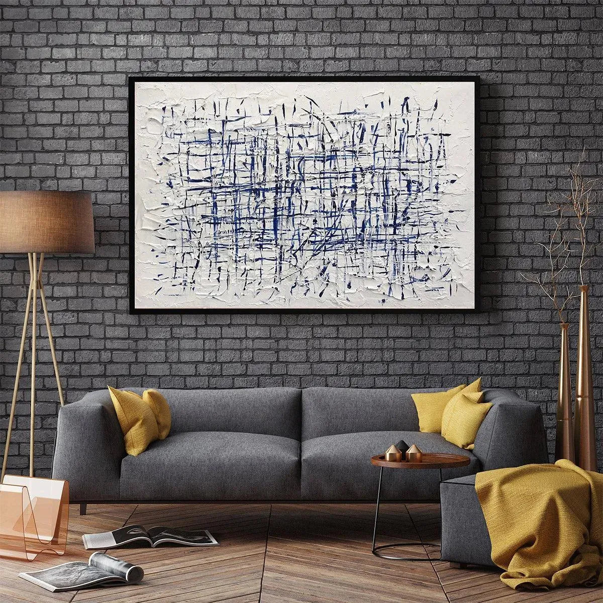 Abstract Linear Grid Painting | Blue & White Textured Art #AA 205