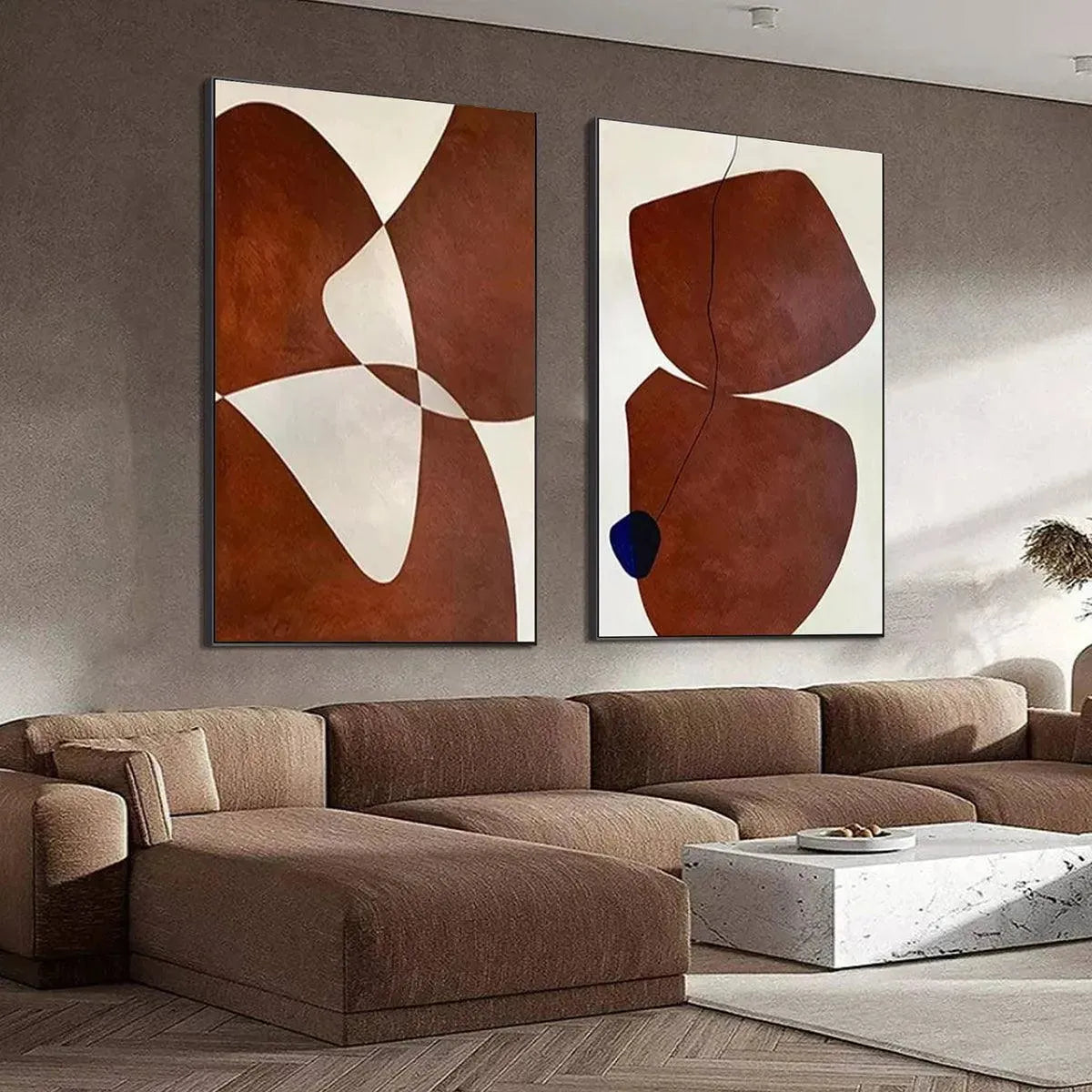 Modern Abstract Organic Shapes Art | Brown & White Diptych #AA 203