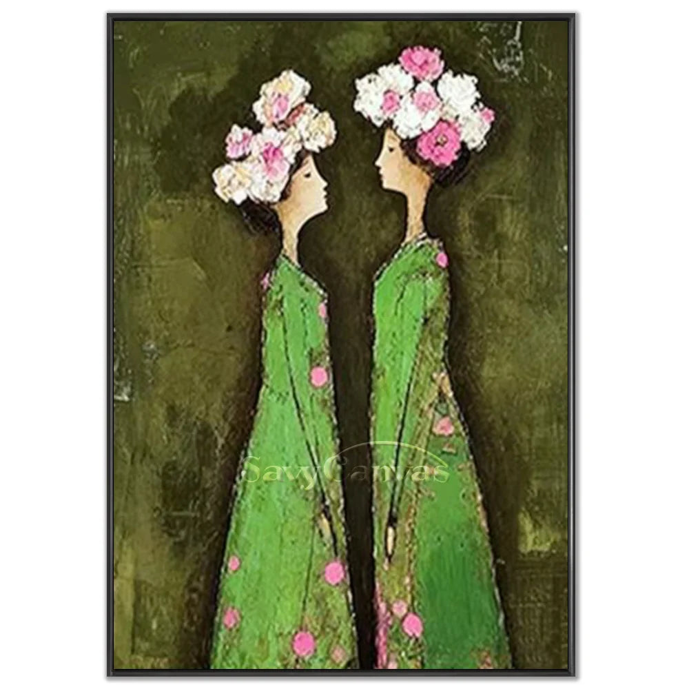 Hand-painted abstract expressionist oil painting featuring two twin figures in green gowns with pink and white floral headpieces against a textured green background by Savy Canvas.