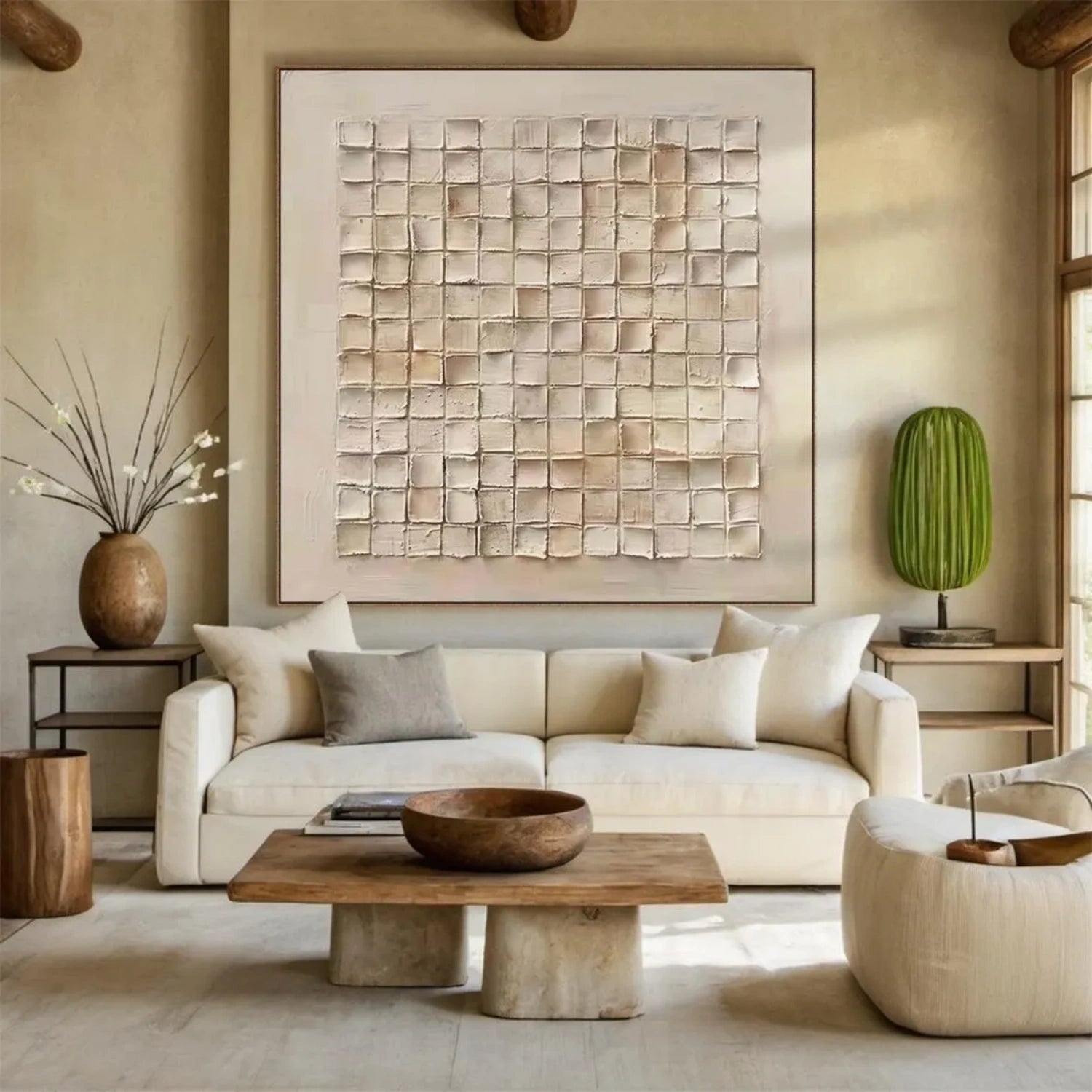 3D Textured Neutral Painting | Abstract Block Pattern Wall Art Decor