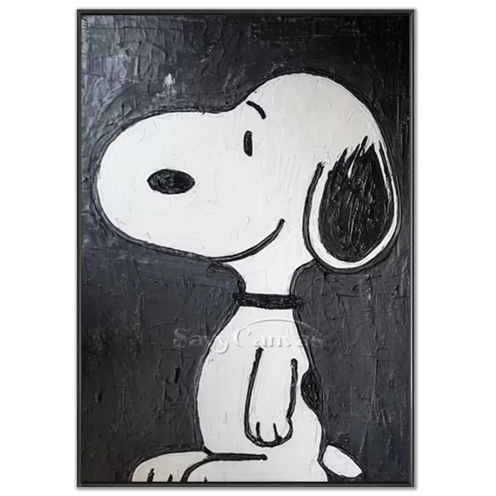 Hand-painted pop art black and white monochrome Snoopy oil painting on canvas by Savy Canvas, featuring the iconic Snoopy character against a heavily textured dark background. Modernist street art wall decor, ready to hang.