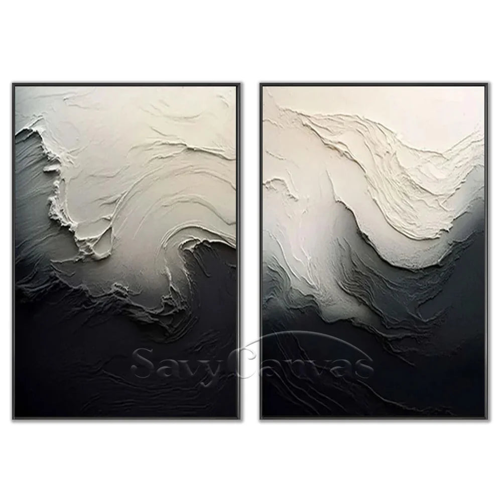 Black & White 3D Texture Abstract Art, Modern Pair #TB 032