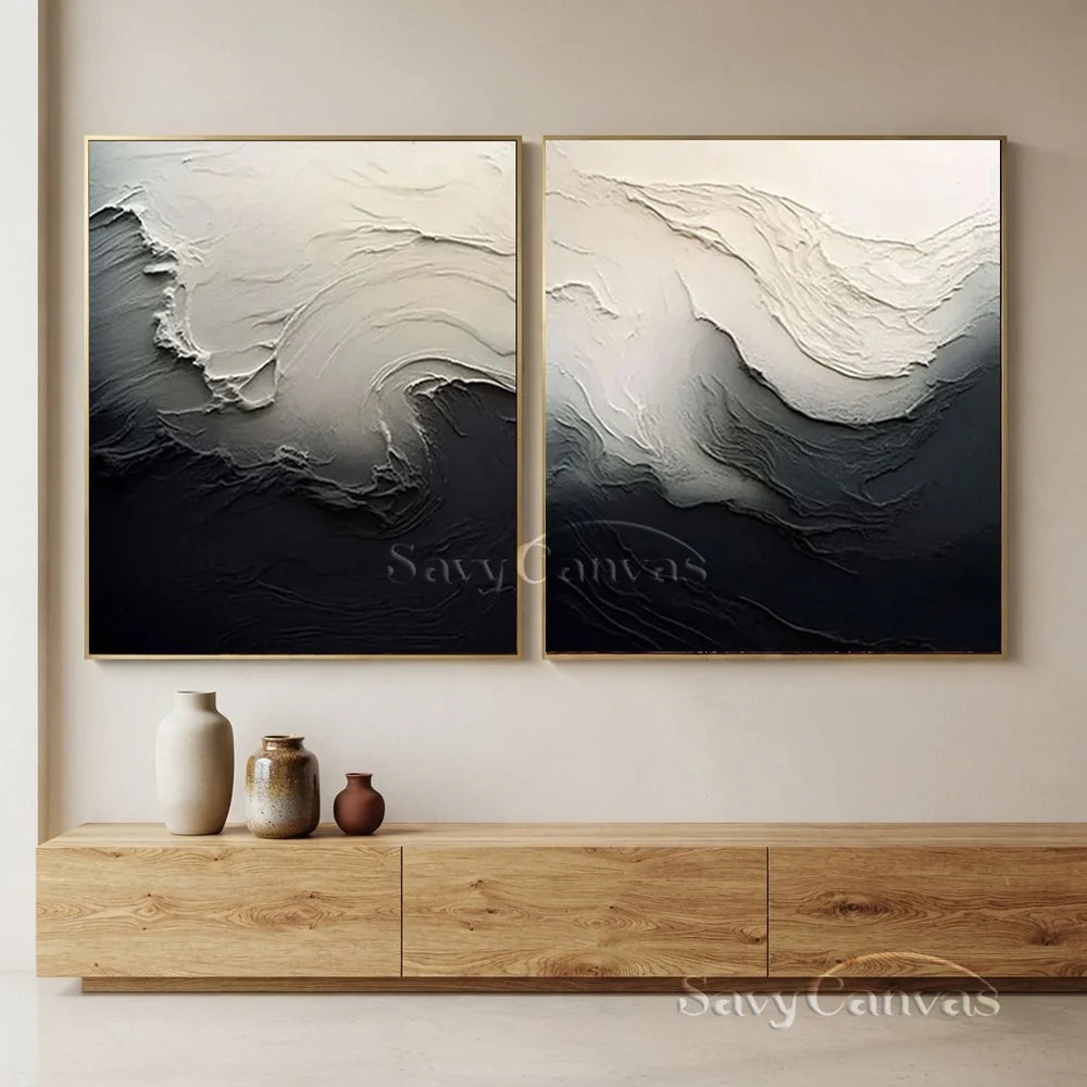 Black & White 3D Texture Abstract Art, Modern Pair #TB 032