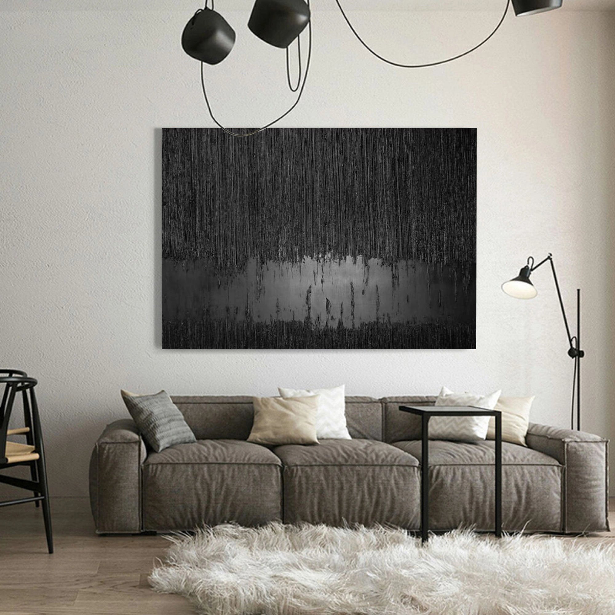 Contemporary Black Design: Textured Abstract Canvas for Room Decor #ZZ 135