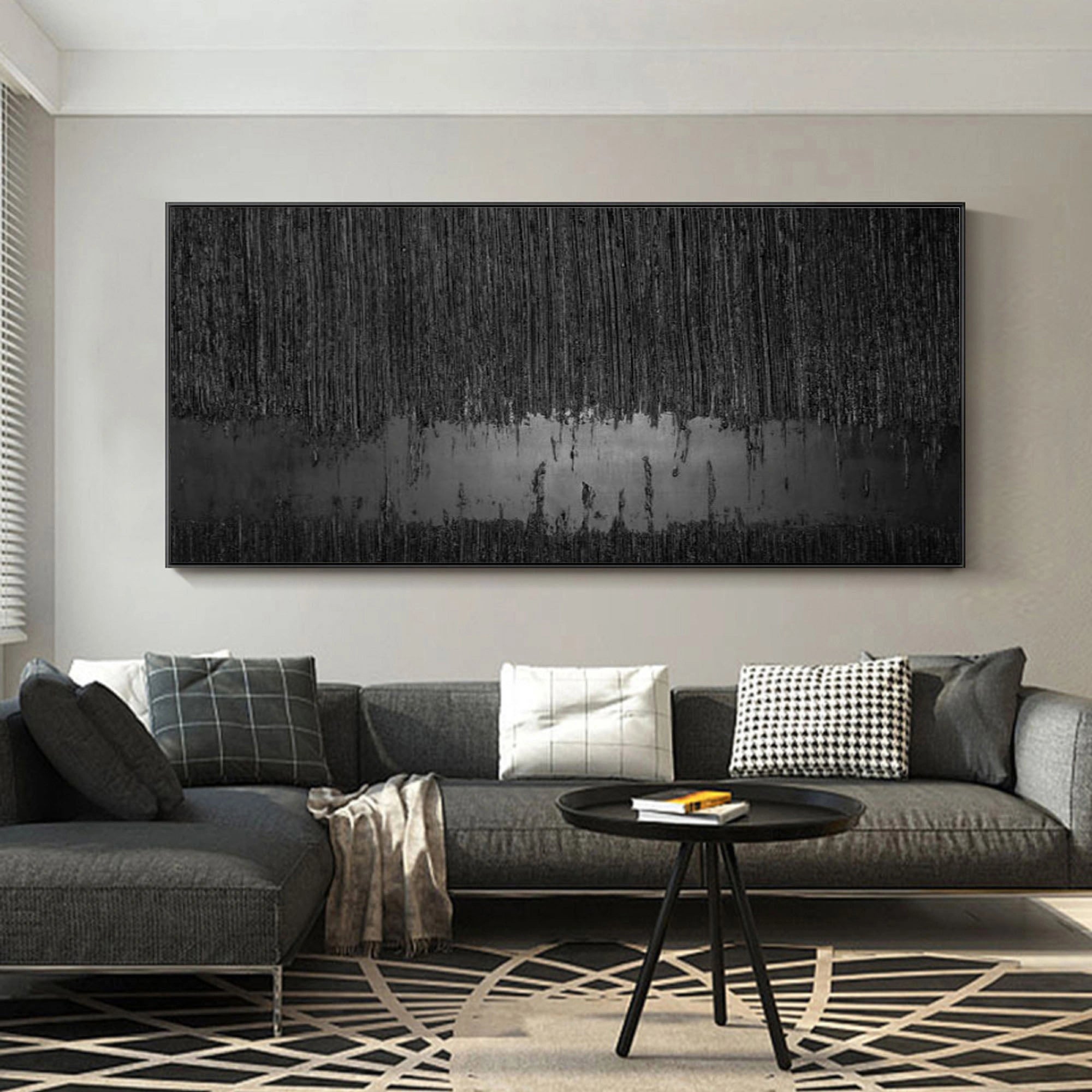 Contemporary Black Design: Textured Abstract Canvas for Room Decor #ZZ 135