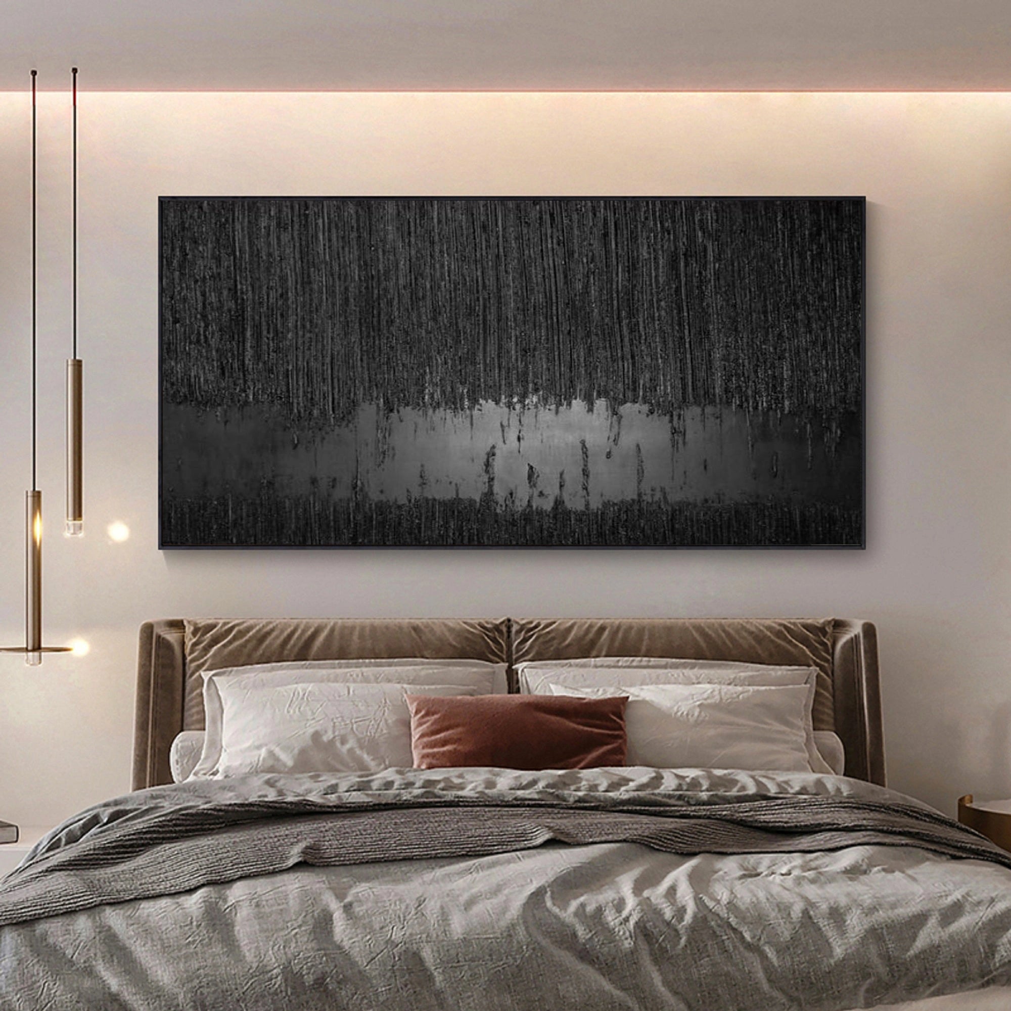 Contemporary Black Design: Textured Abstract Canvas for Room Decor #ZZ 135