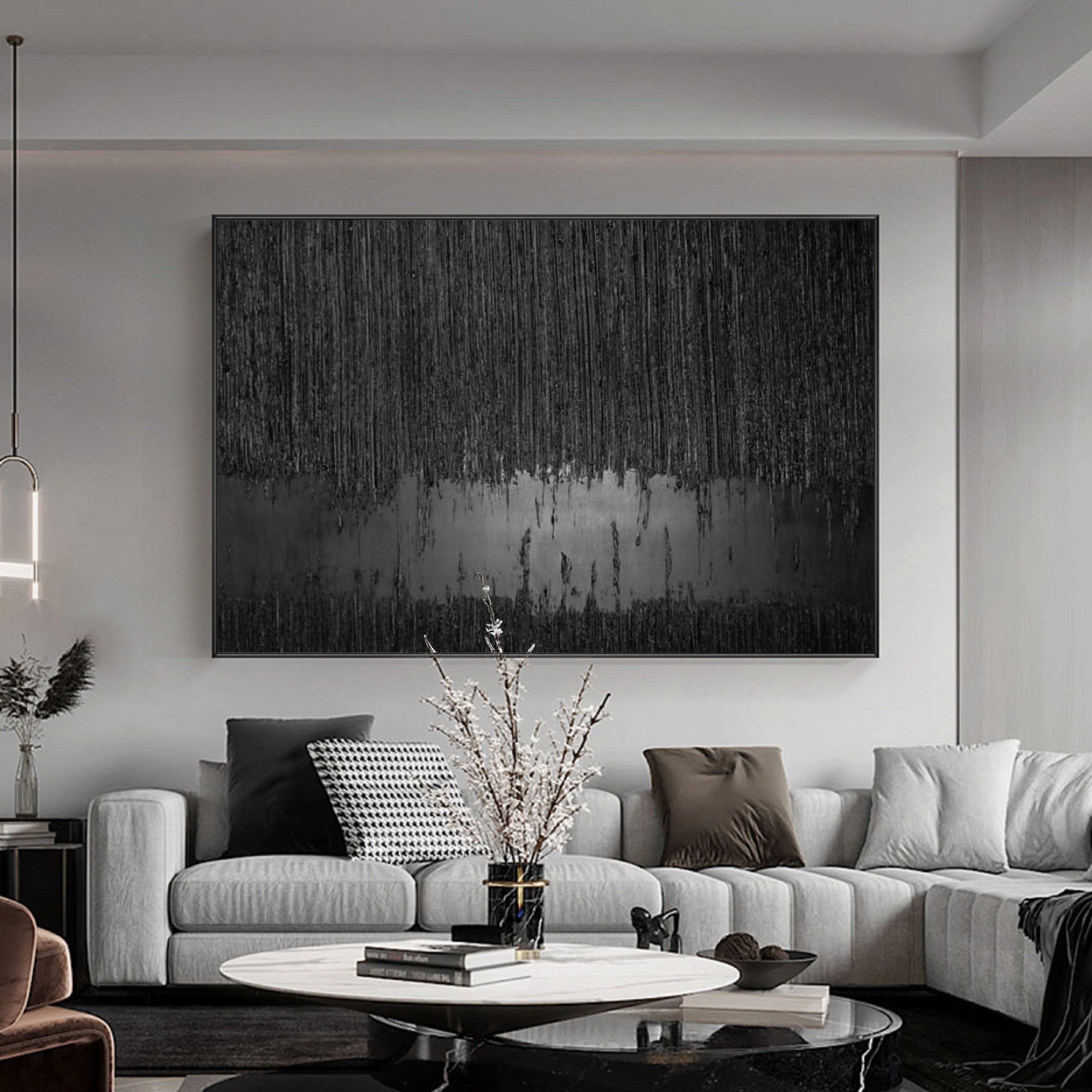 Contemporary Black Design: Textured Abstract Canvas for Room Decor #ZZ 135