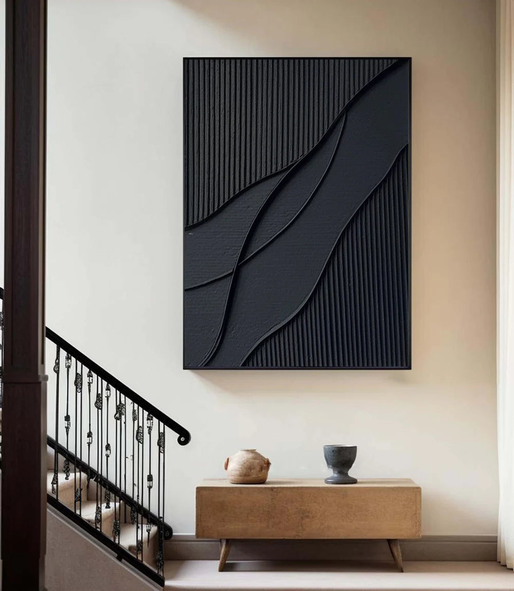Black Textured Abstract Oil Painting - Modern Minimalist Art #JJ 092