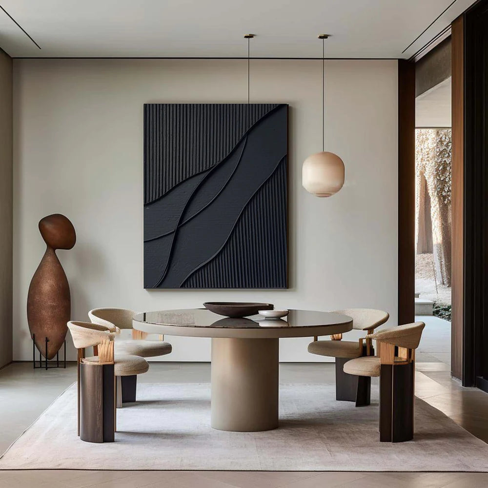 Black Textured Abstract Oil Painting - Modern Minimalist Art #JJ 092