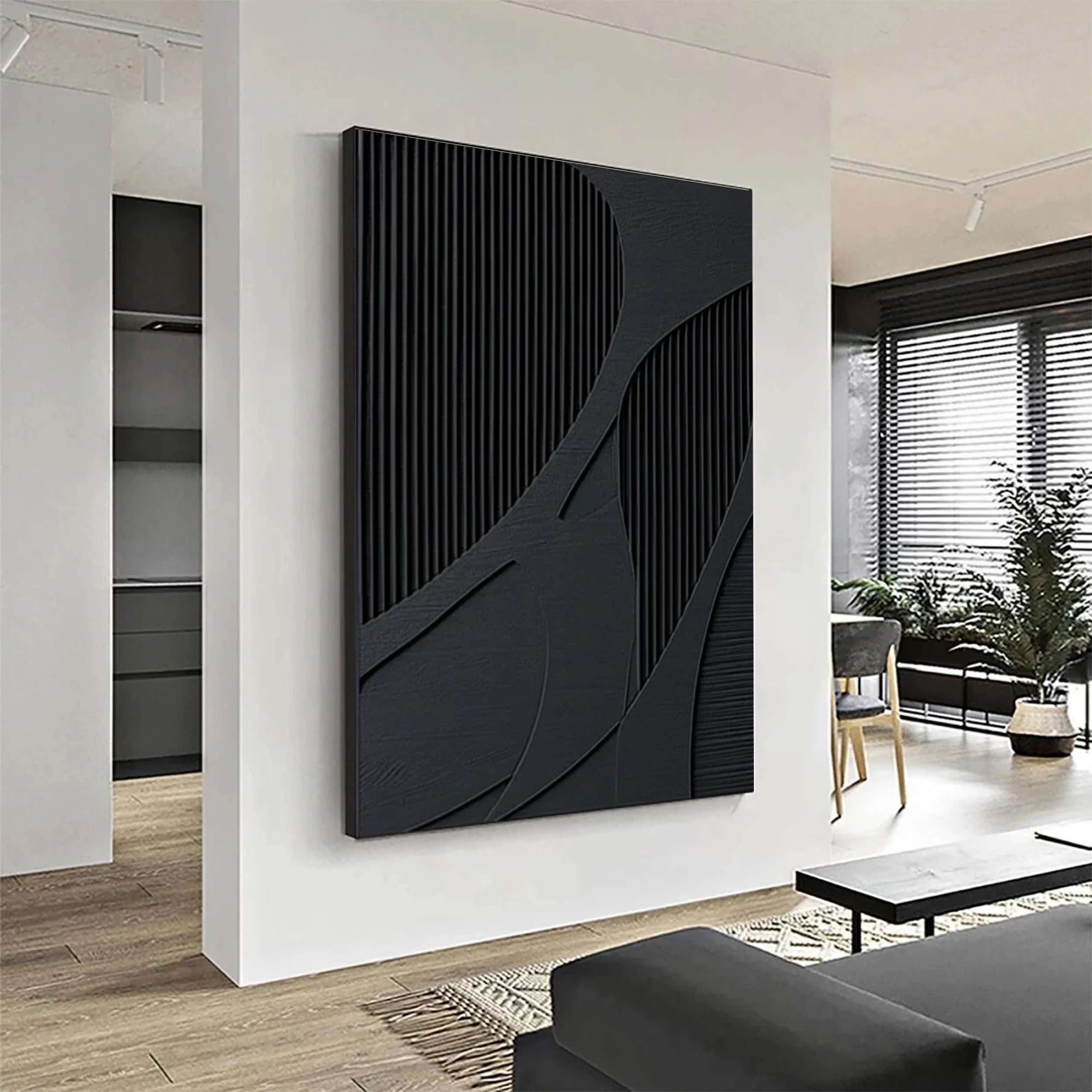 Large Black Textured Wall Art | Vertical Abstract 3D Panel Decor #ZZ 136