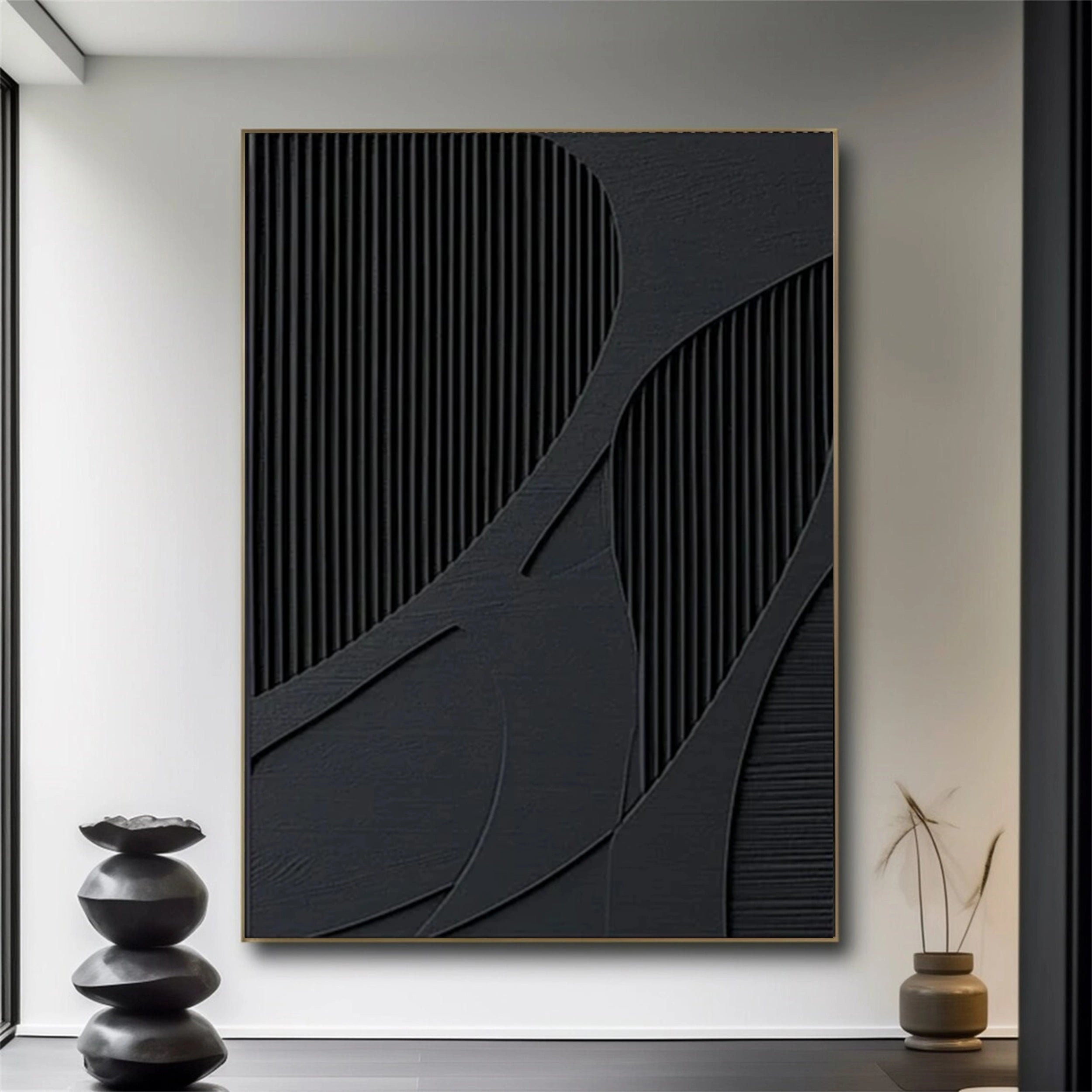 Large Black Textured Wall Art | Vertical Abstract 3D Panel Decor #ZZ 136