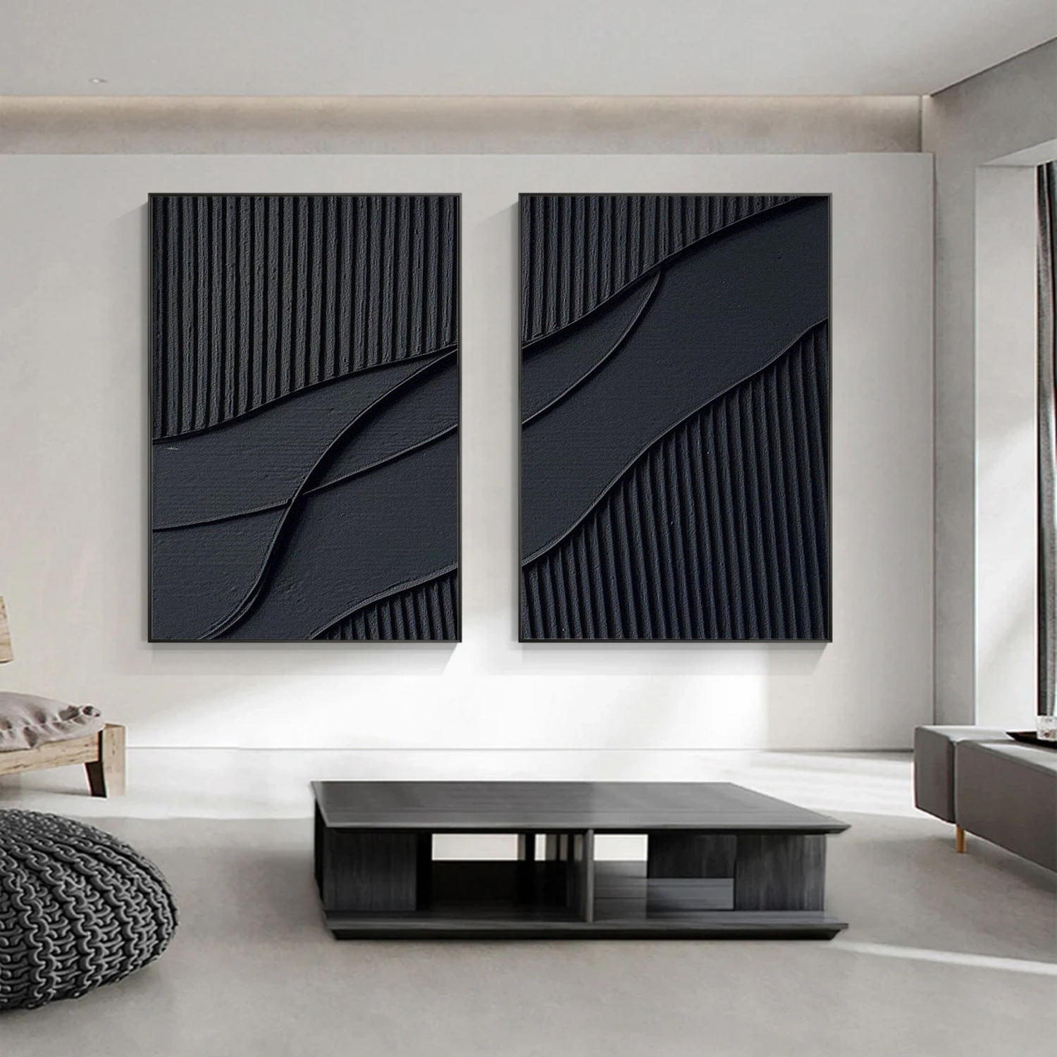 Minimalist Black Textured Art | Large Abstract Wall Art Set of 2