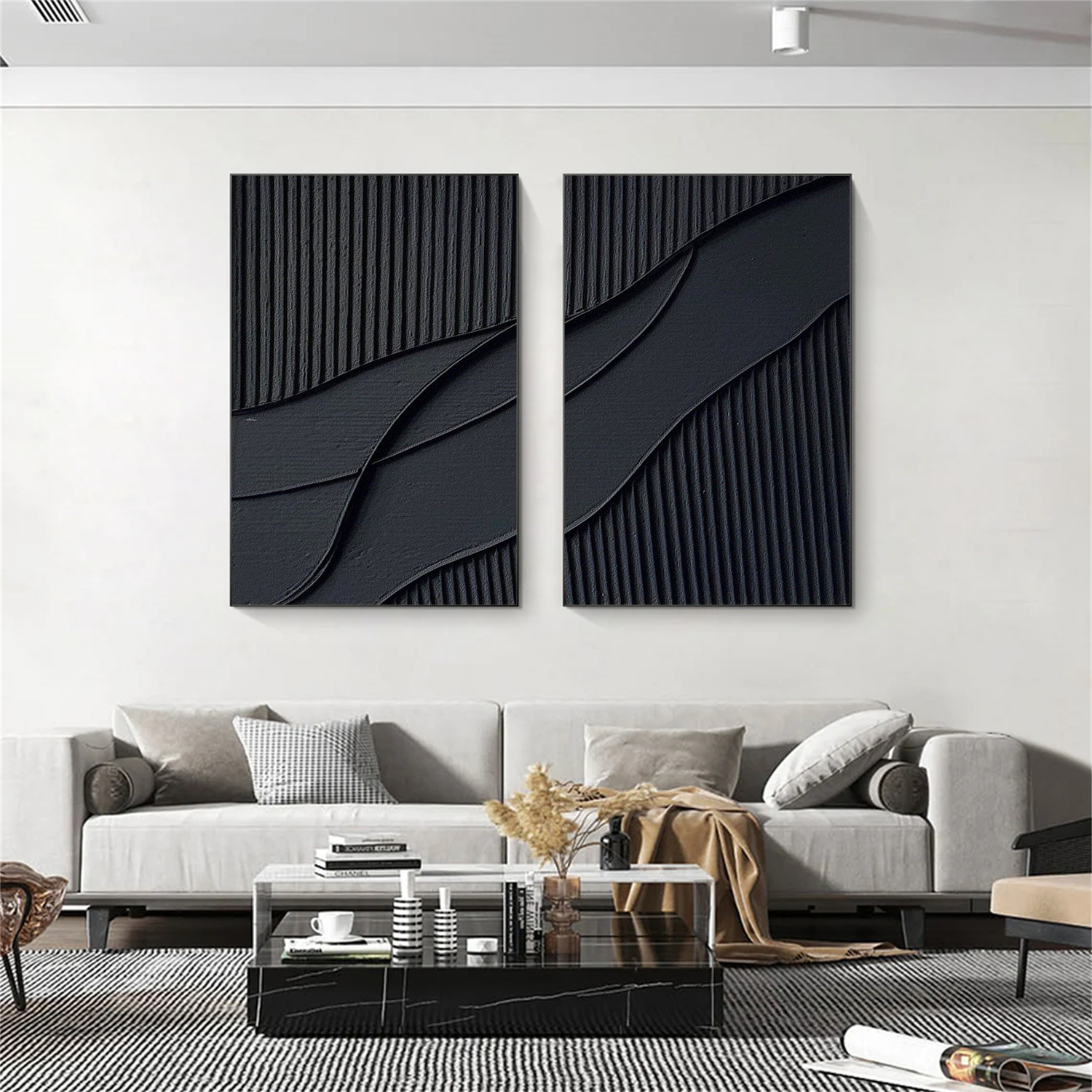 Black Plaster Texture Wall Art | Large Contemporary Abstract Canvas Set of 2 #ZZ 137