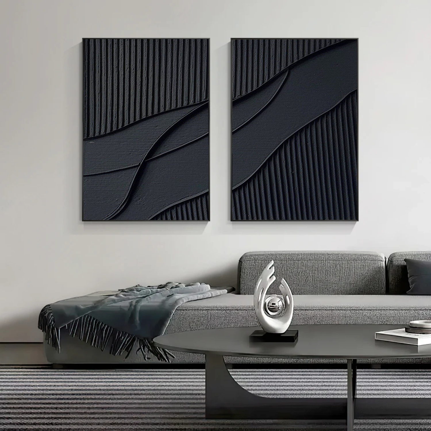 Black Plaster Texture Wall Art | Large Contemporary Abstract Canvas Set of 2 #ZZ 137