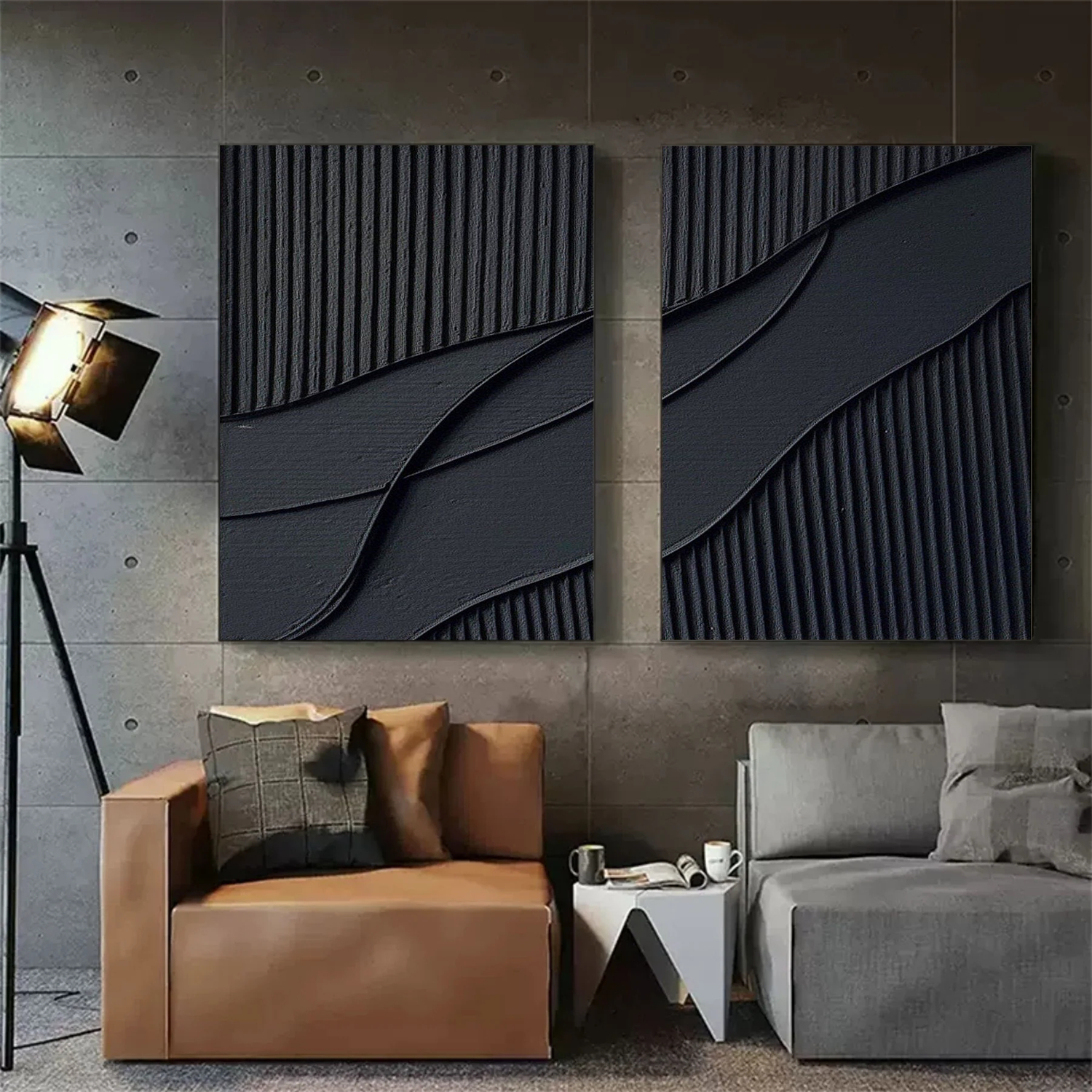 Black Plaster Texture Wall Art | Large Contemporary Abstract Canvas Set of 2 #ZZ 137