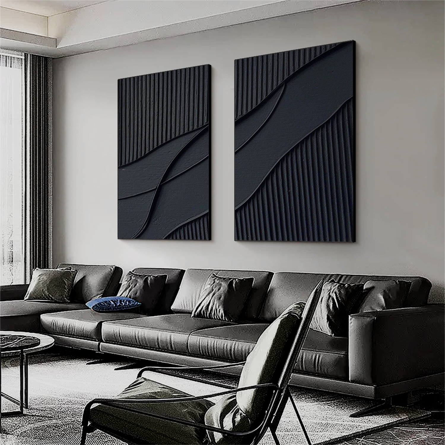 Black Plaster Texture Wall Art | Large Contemporary Abstract Canvas Set of 2 #ZZ 137