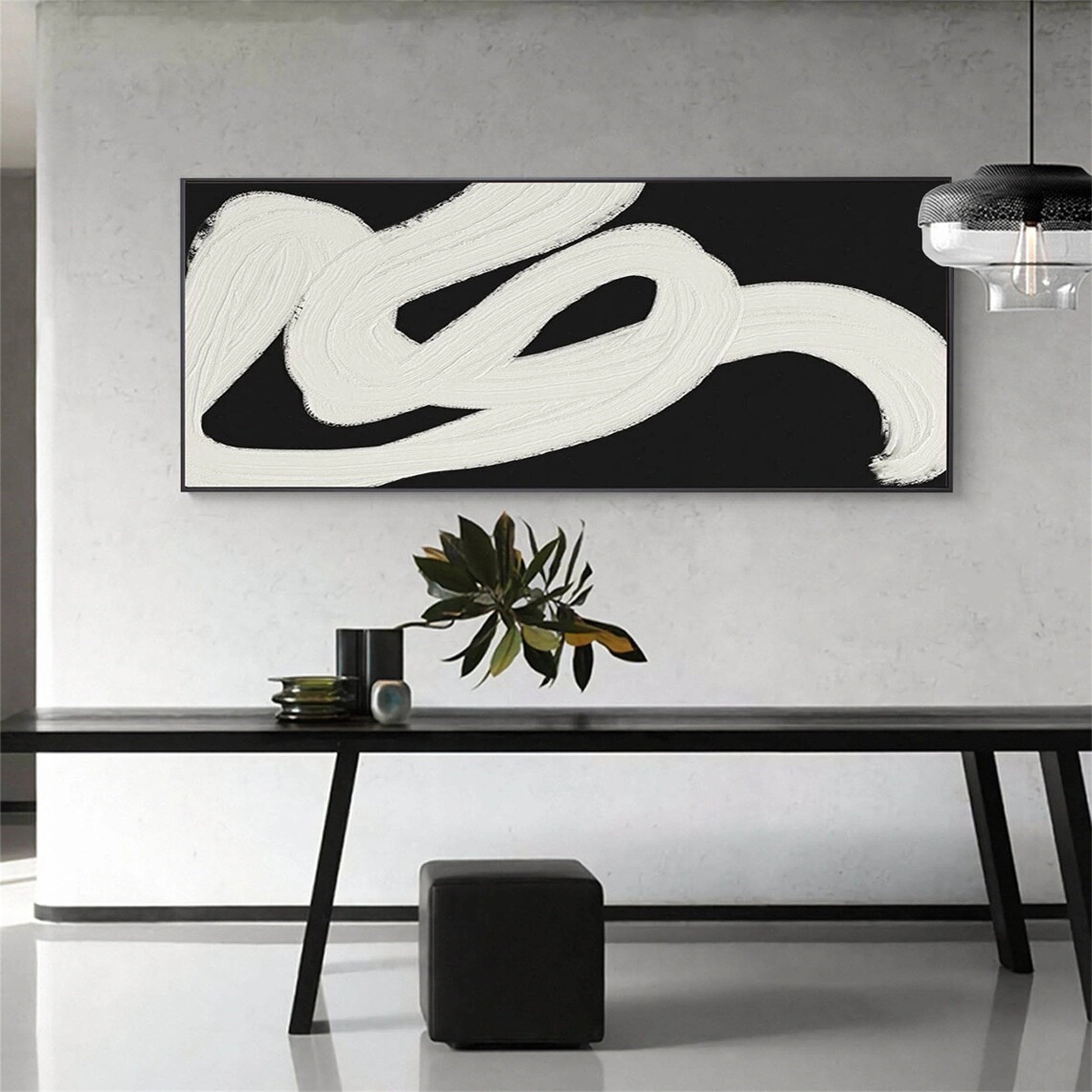 Minimalist Black and White Abstract Art - Modern Brushstroke Decor Painting #JJ 098