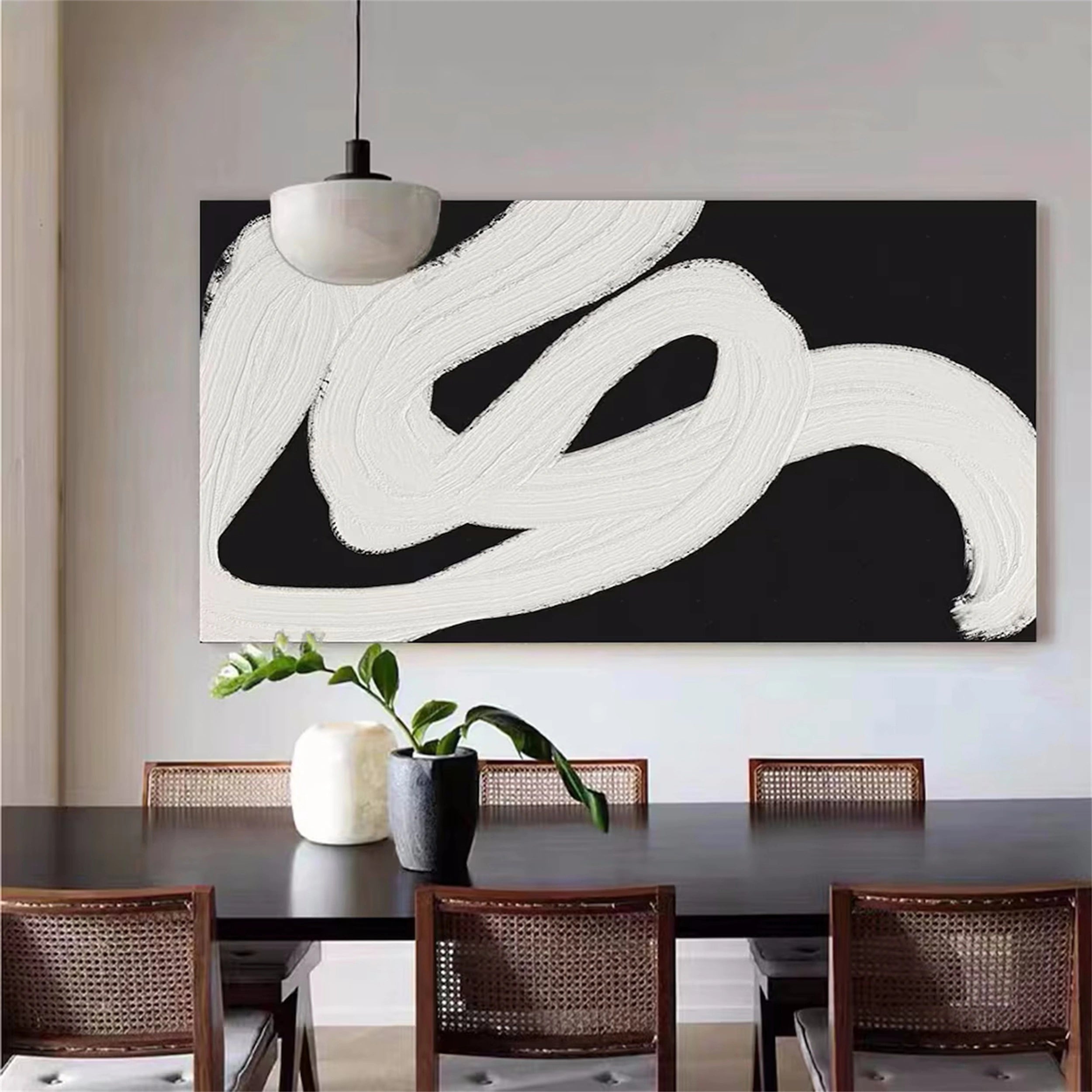 Black and White Brushstroke Abstract Oil Painting - Modern Minimalist Art