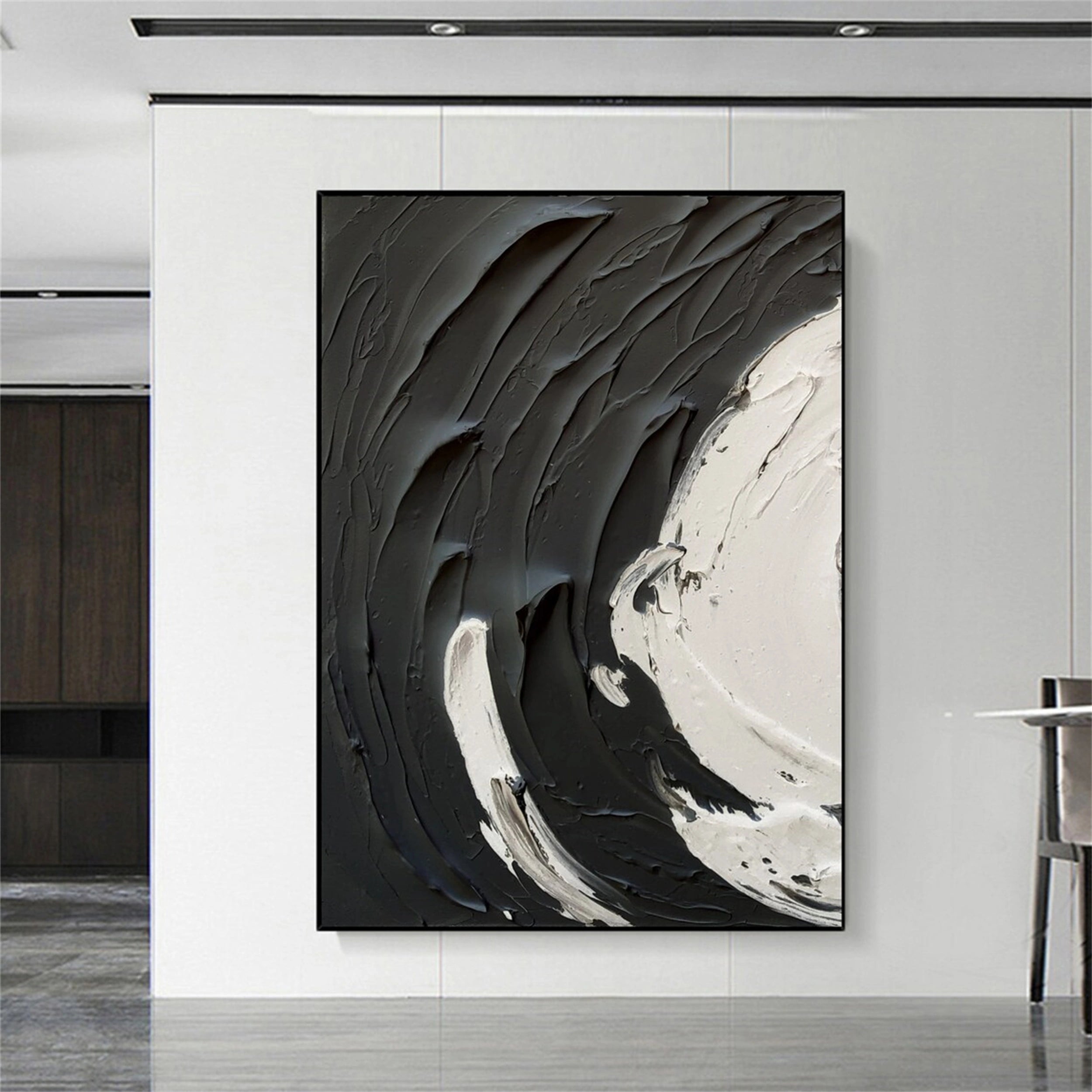 Modern Black and White Contrast Textured Abstract Oil Painting - Minimalist Style #JJ 094