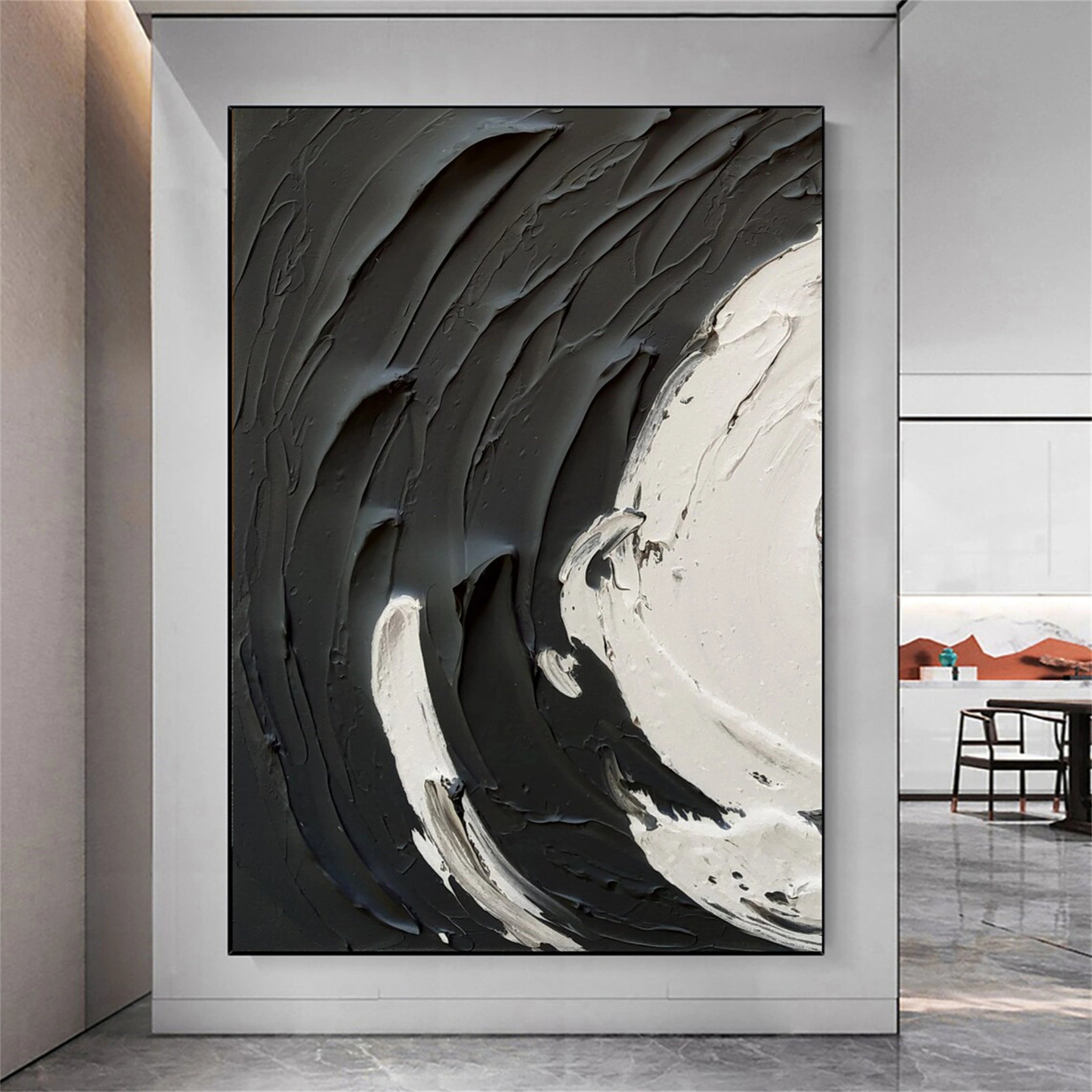 High Texture Abstract Art - Black and White Impasto Oil Painting