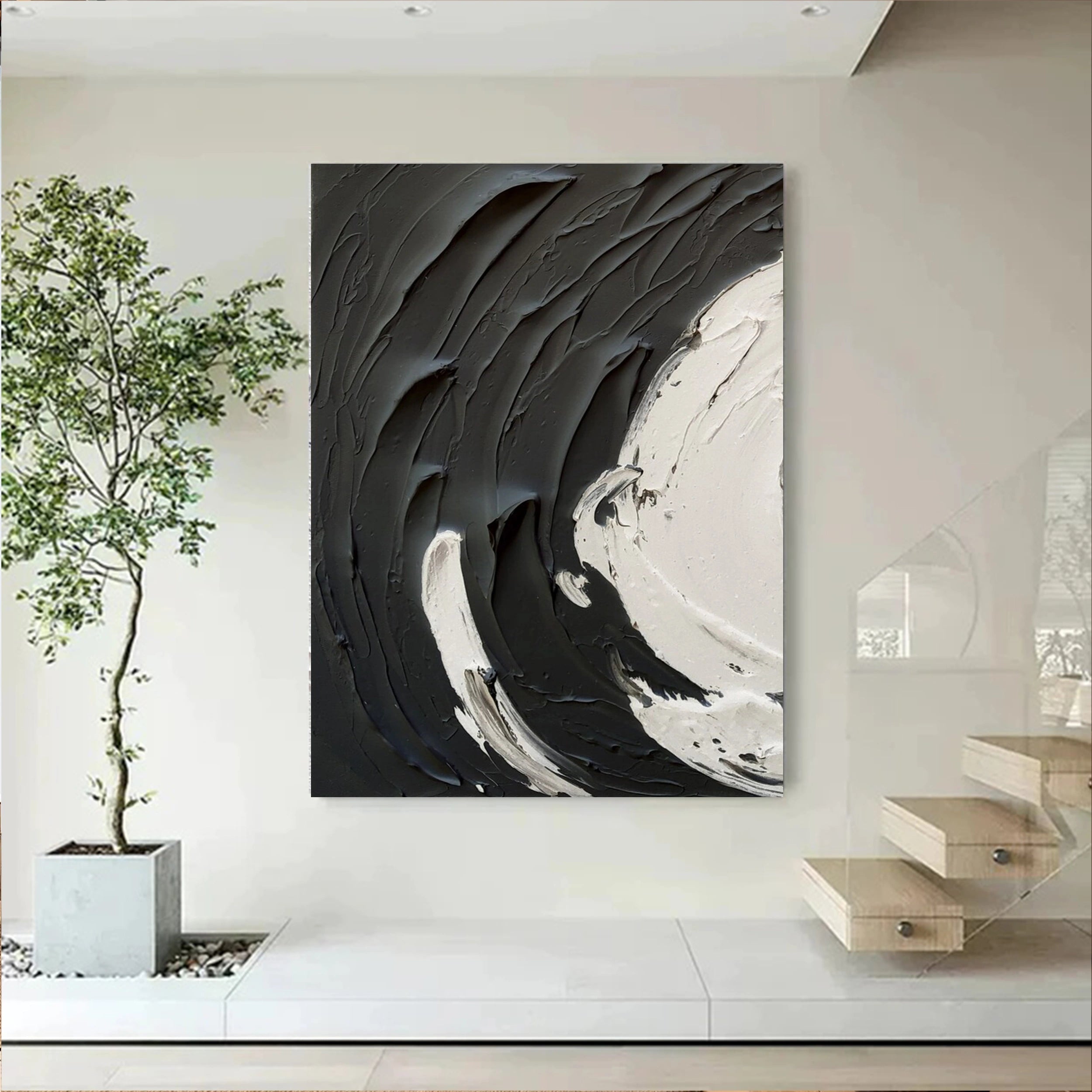 Modern Black and White Contrast Textured Abstract Oil Painting - Minimalist Style #JJ 094