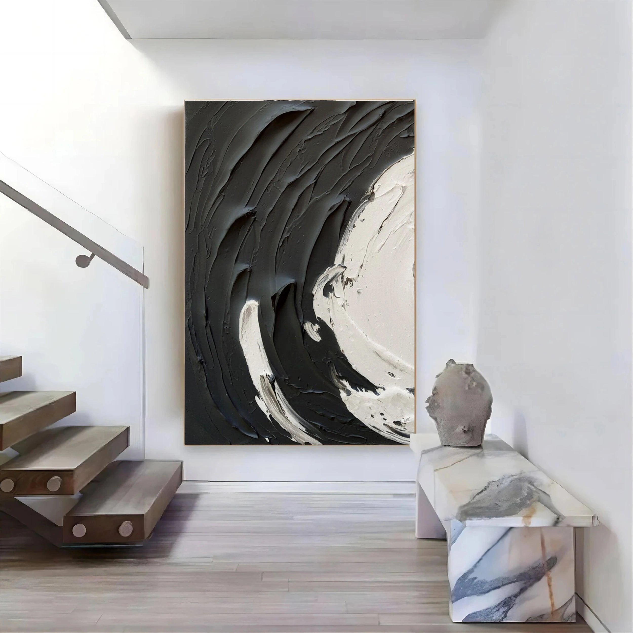 Modern Black and White Contrast Textured Abstract Oil Painting - Minimalist Style #JJ 094
