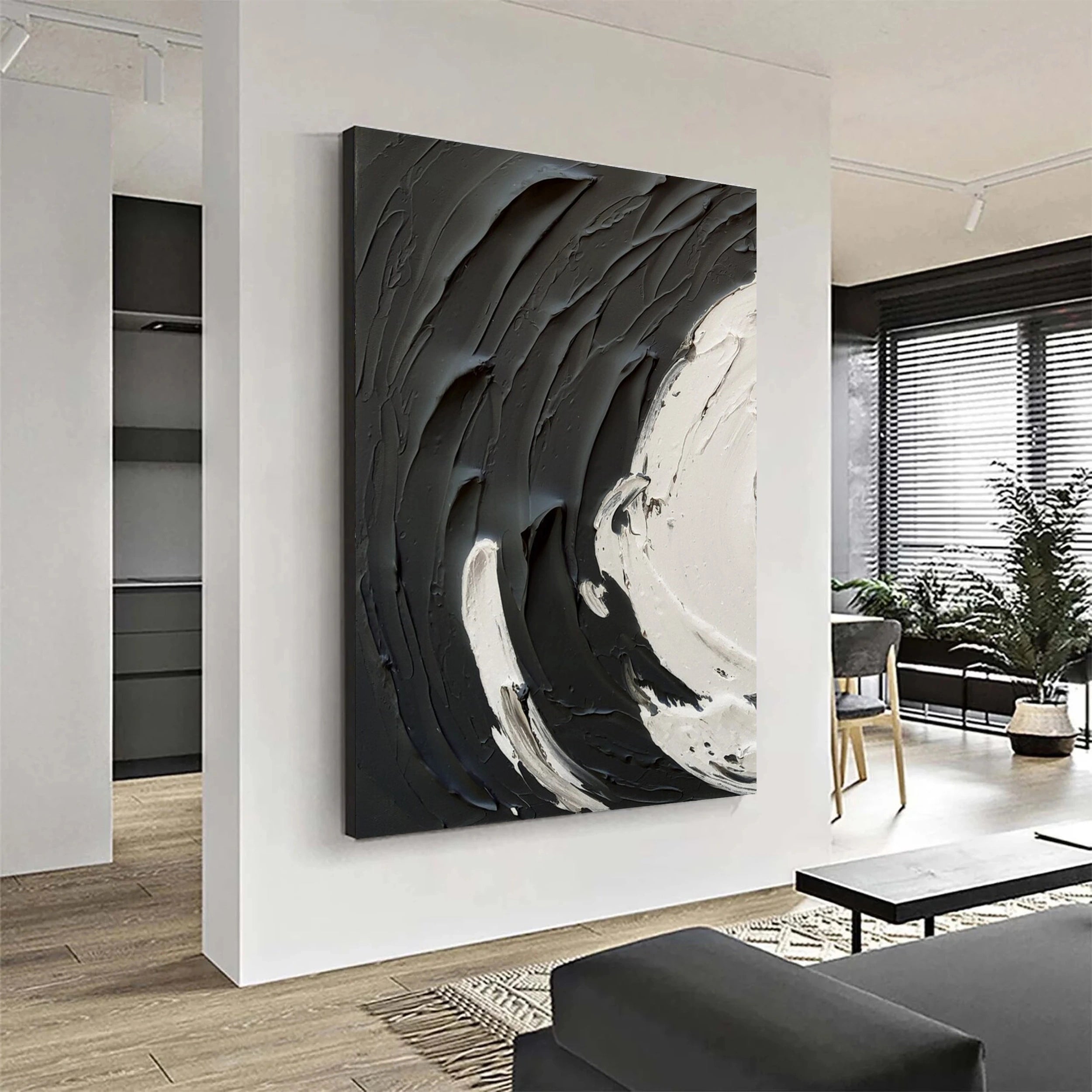Modern Black and White Contrast Textured Abstract Oil Painting - Minimalist Style #JJ 094
