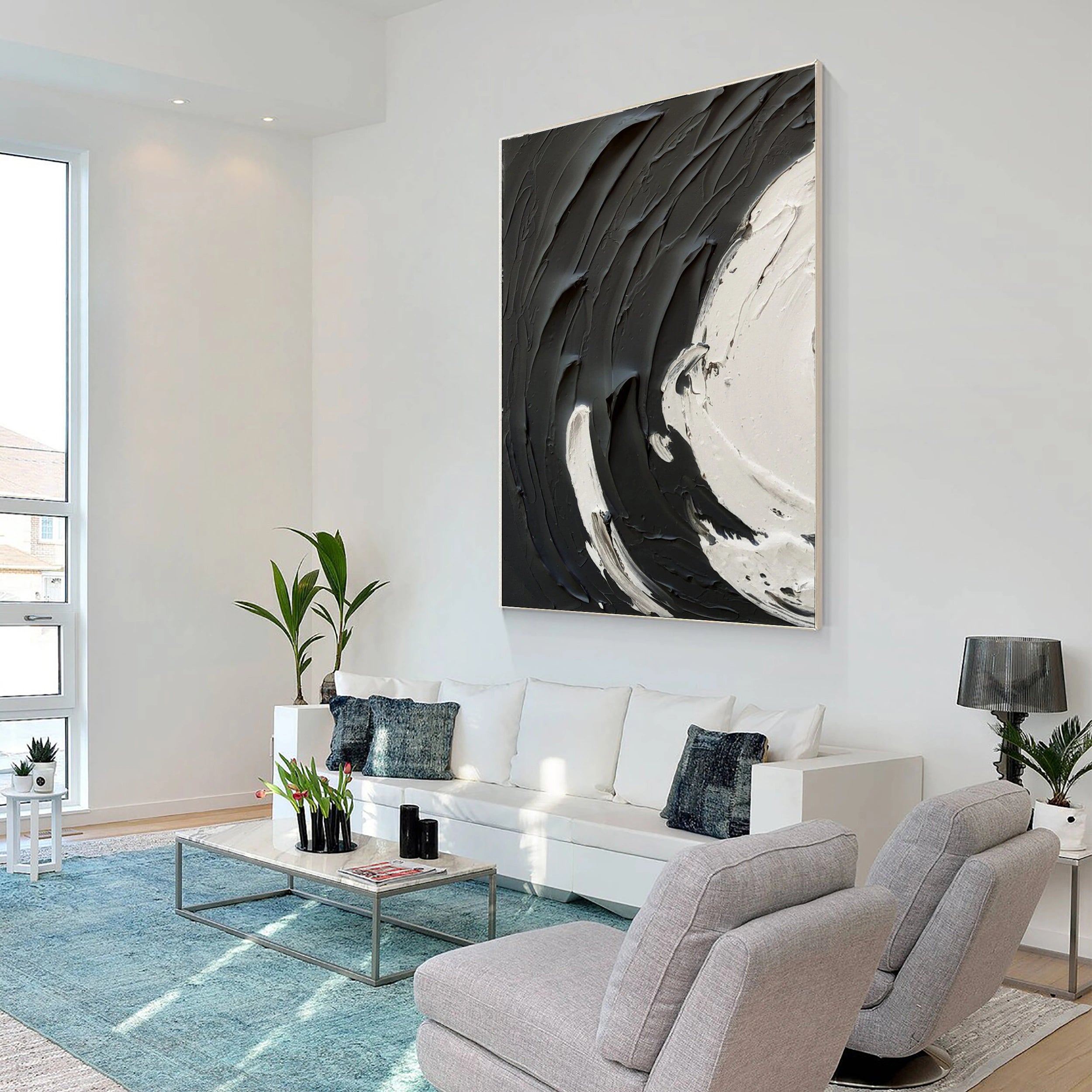 Modern Black and White Contrast Textured Abstract Oil Painting - Minimalist Style #JJ 094