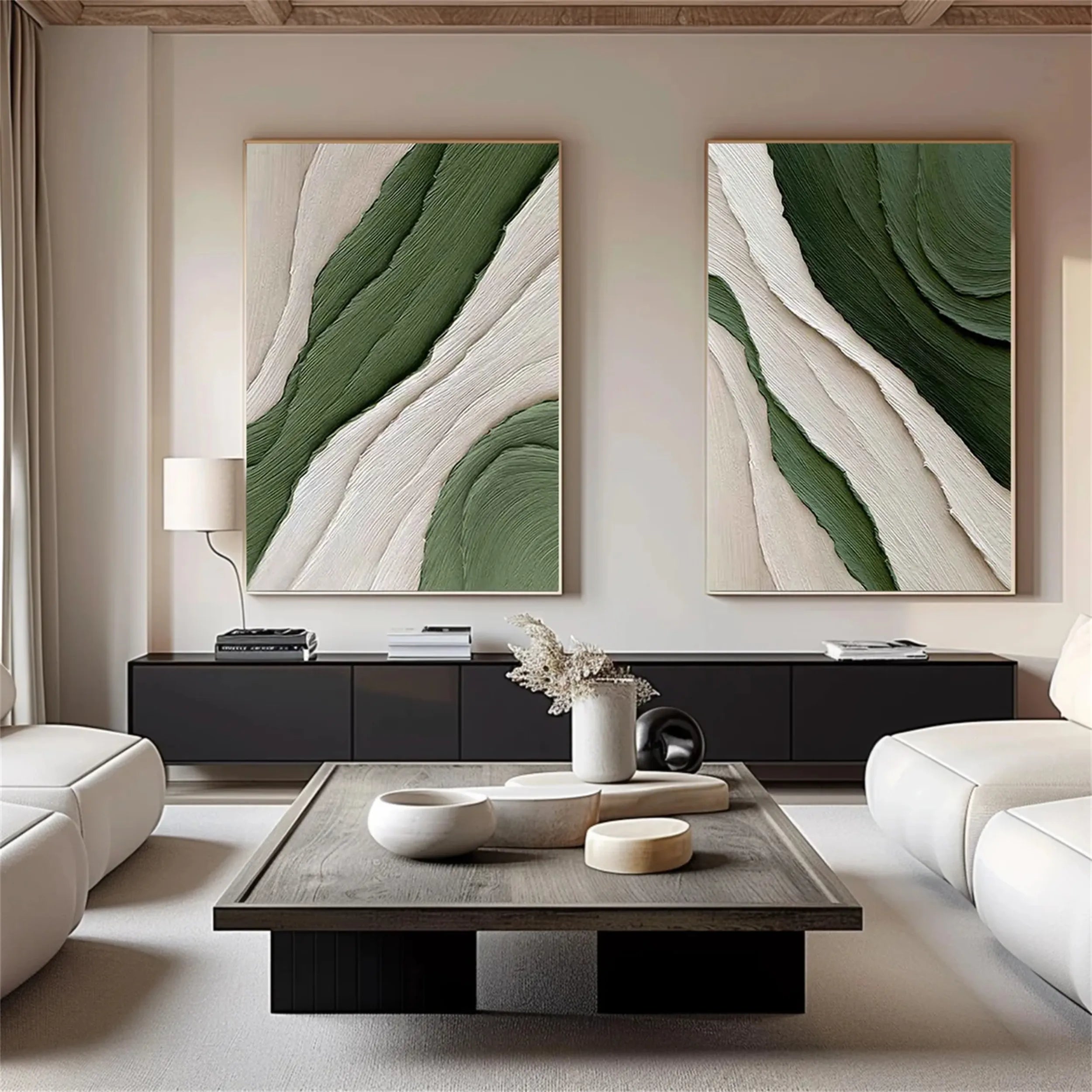 Large Green and White Textured Art | 2 Piece Abstract Paintings for Room Decor #ZZ 138