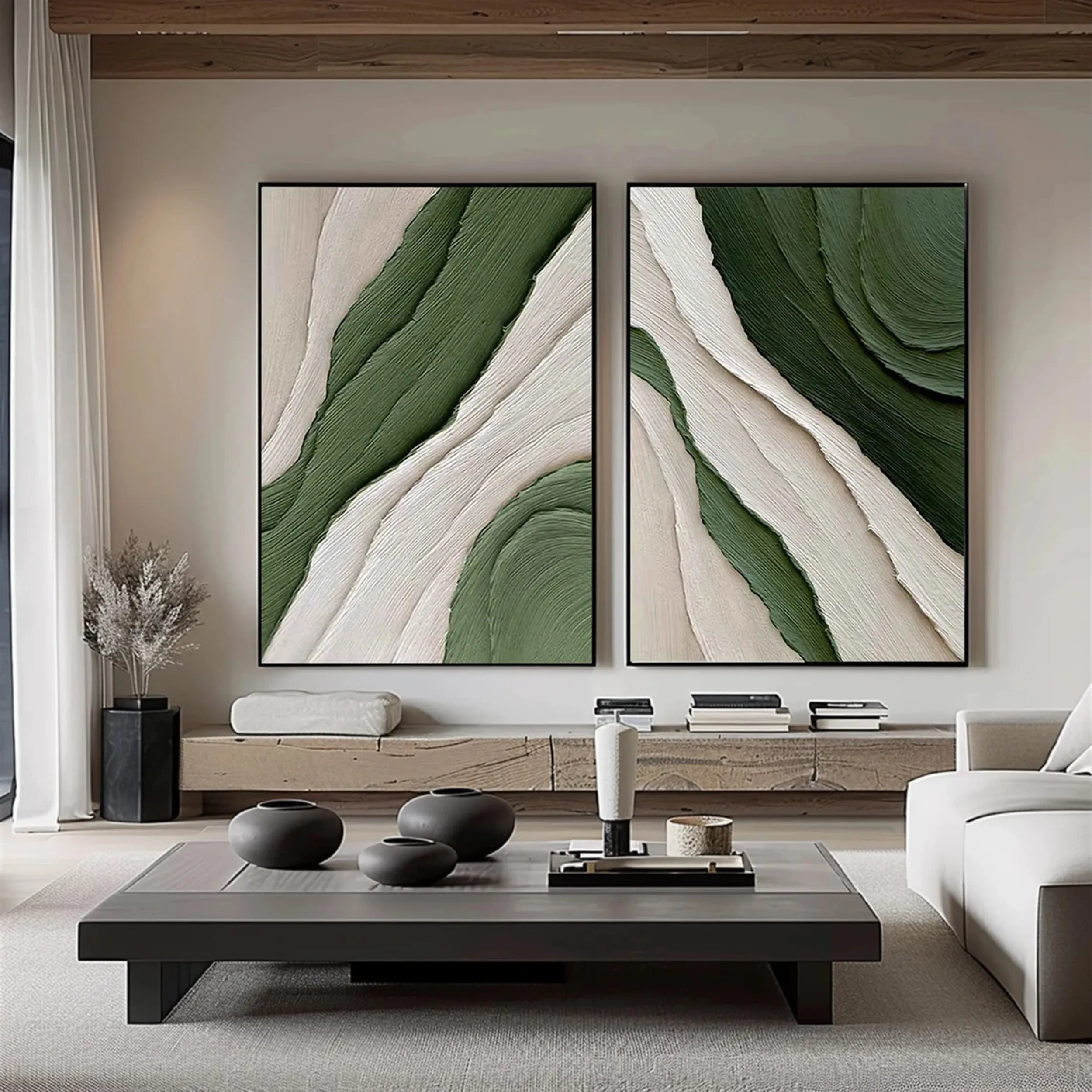 Large Green and White Textured Art | 2 Piece Abstract Paintings for Room Decor #ZZ 138