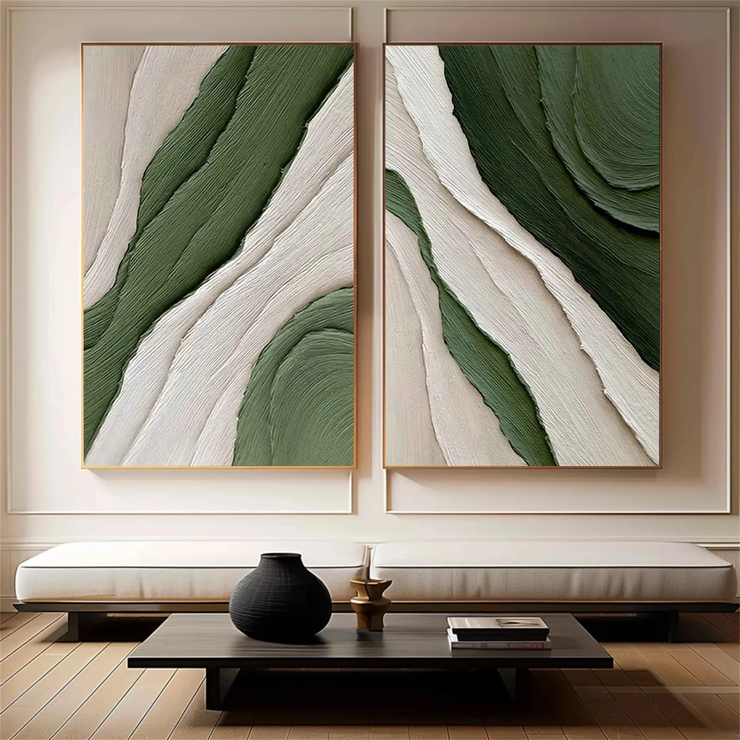 Large Green and White Textured Art | 2 Piece Abstract Paintings for Room Decor #ZZ 138