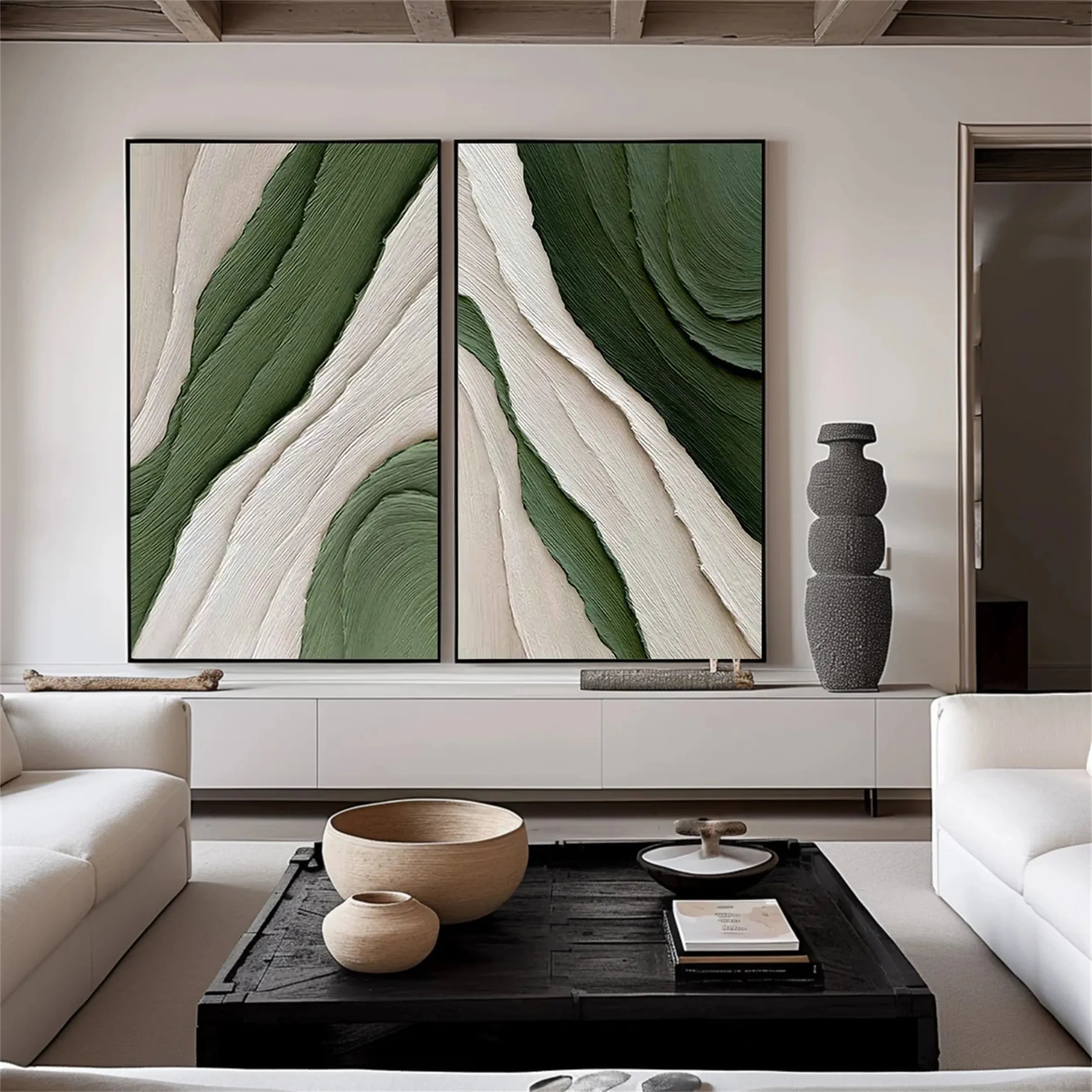 Large Green and White Textured Art | 2 Piece Abstract Paintings for Room Decor #ZZ 138