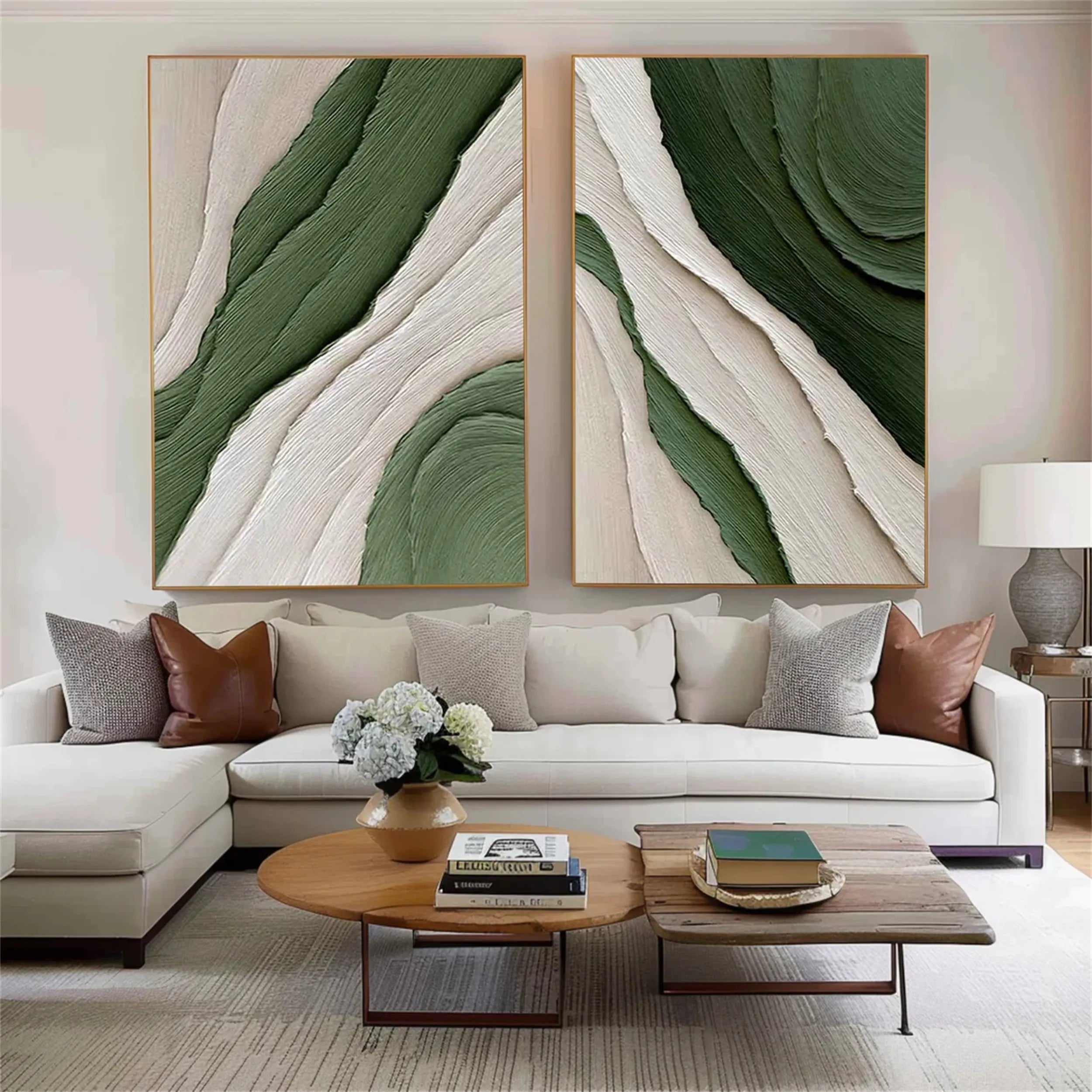 Large Green and White Textured Art | 2 Piece Abstract Paintings for Room Decor #ZZ 138
