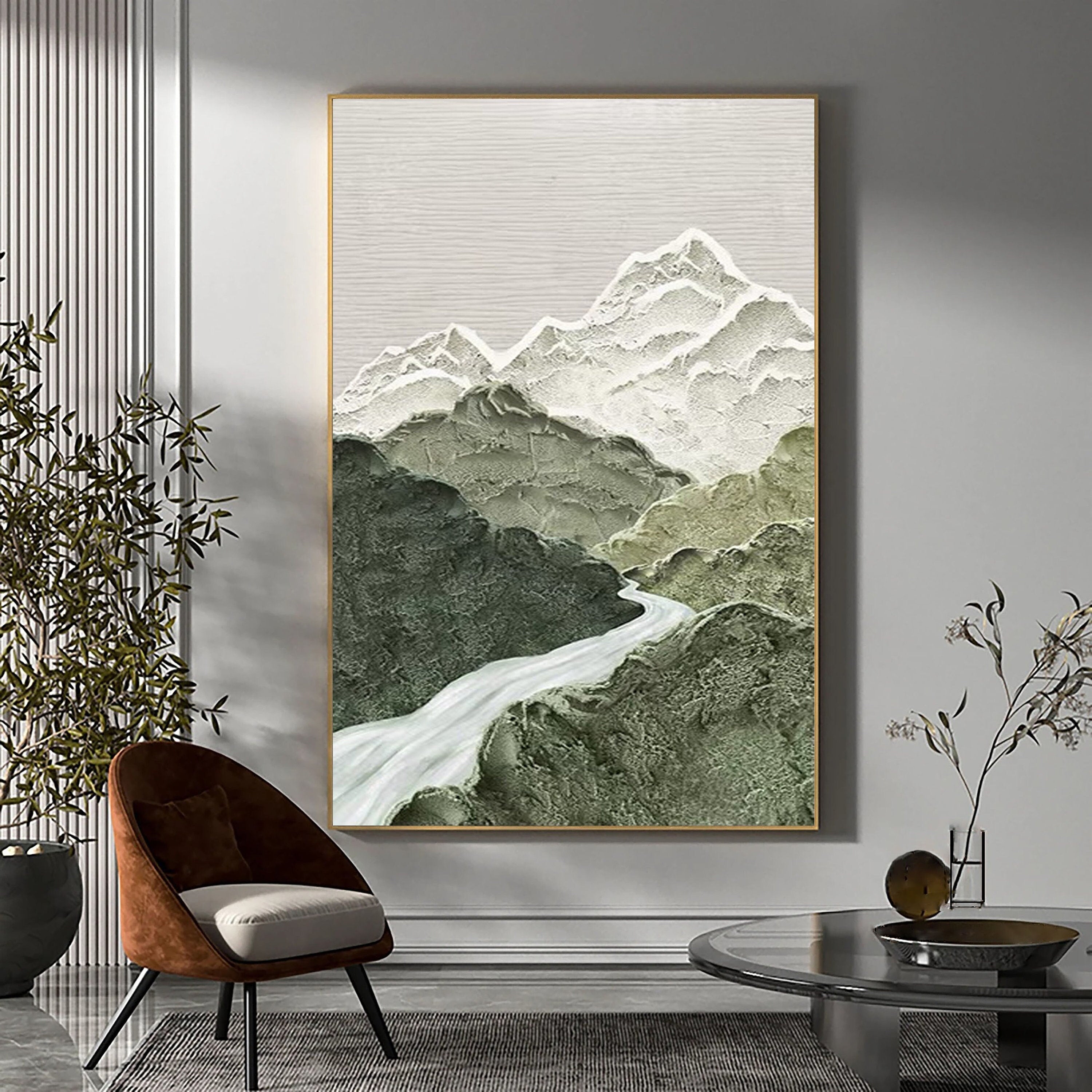Contemporary Mountain River Canvas Art - Minimalist Wall Decor #JJ 357