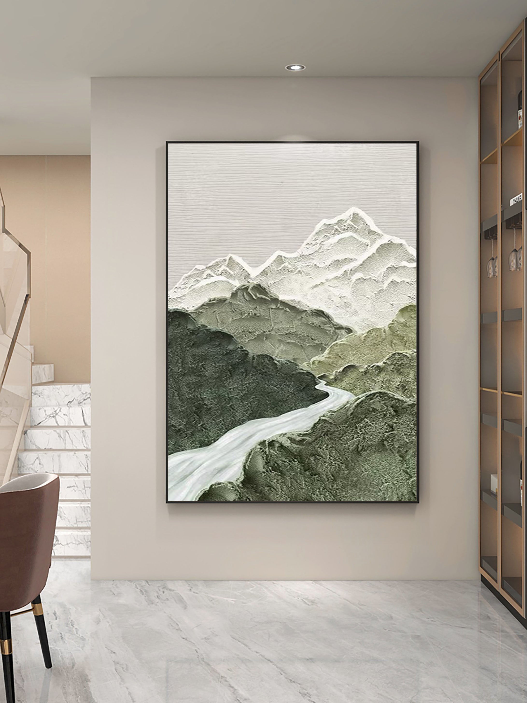 Contemporary Mountain River Canvas Art - Minimalist Wall Decor #JJ 357