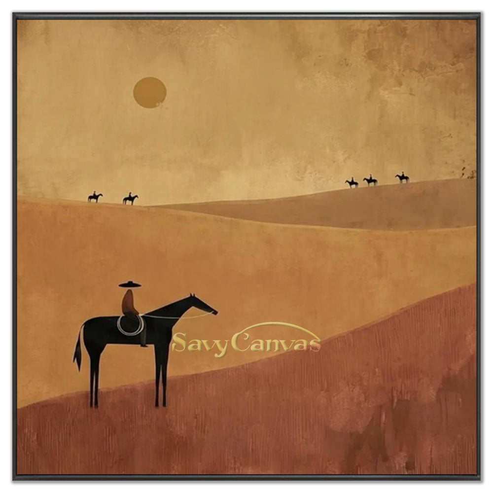 English Alt Text: Handmade abstract oil painting featuring a solitary rider on a black horse navigating terracotta desert sand dunes under a golden ochre sun in a minimalist modern style.
